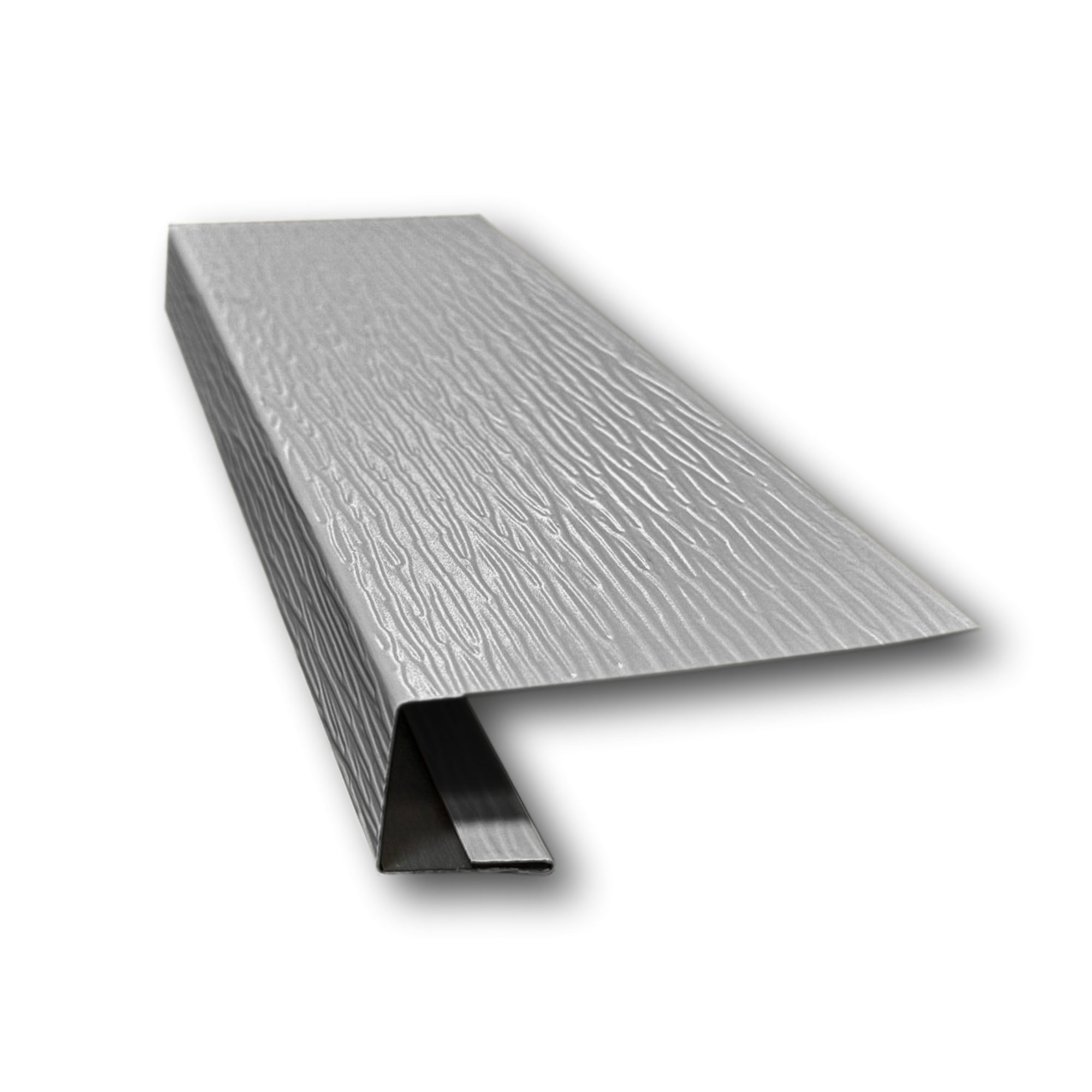 A piece of Aluminum J-Mold on a white background. The J-Mold has a Woodgrain Finish that is Sterling Gray in color.