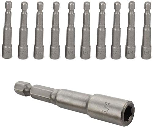 Hex bit drivers lined up to show that they are offered in different quantities. One hex bit driver is featured in the center to show that it's size is 1/4 inch.