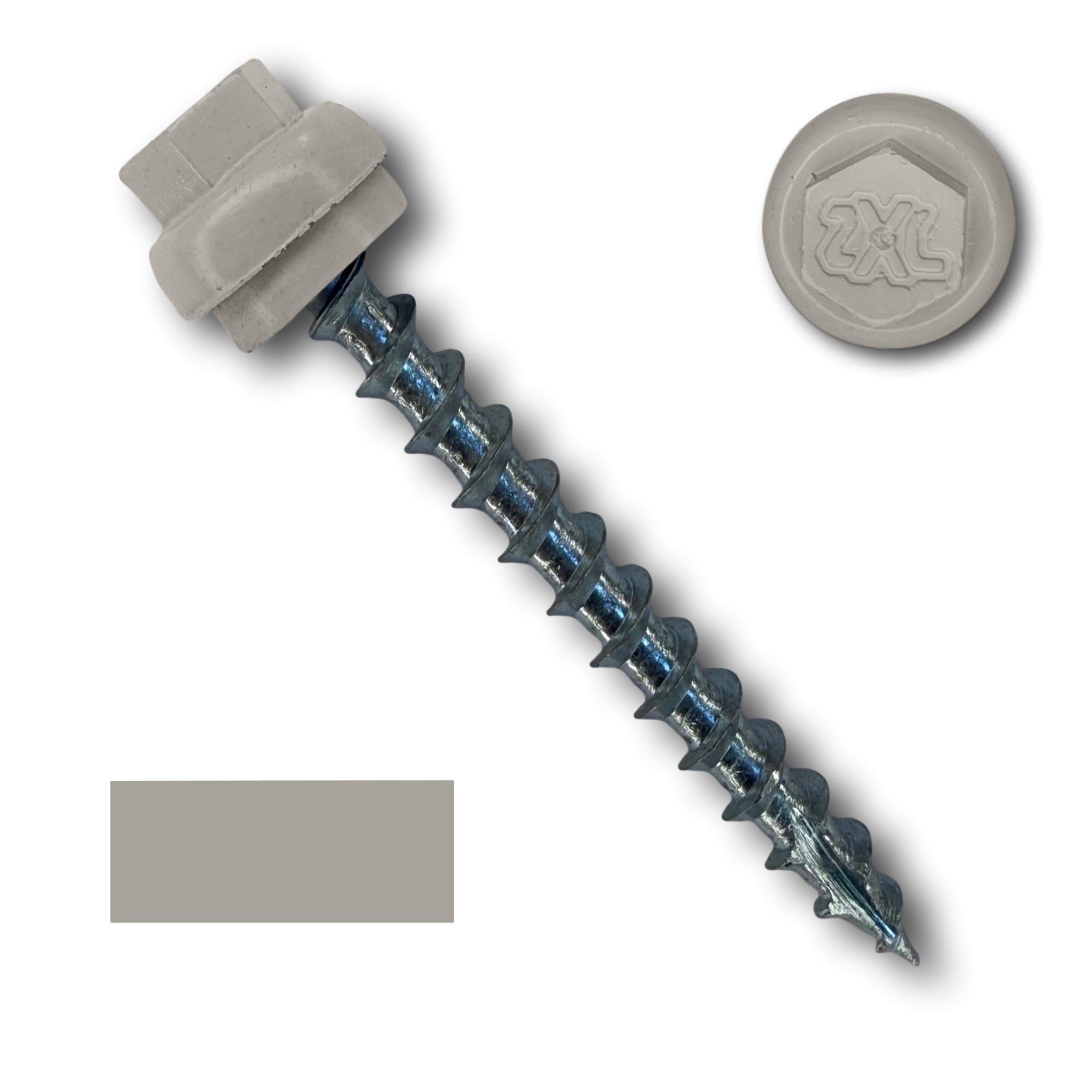 A number 12 Diameter Metal Roofing Screw that is 2 inches long with a 5/16 inch Hex Head and an EPDM Rubber Washer. The screw features a Type 17 Sharp Tip for piercing into wood and a Dome Cap that completely covers the washer. There is a color swatch of the screw head in the bottom left corner and a close-up of the screw head in the top right corner. The screw is Ash Gray in color. 