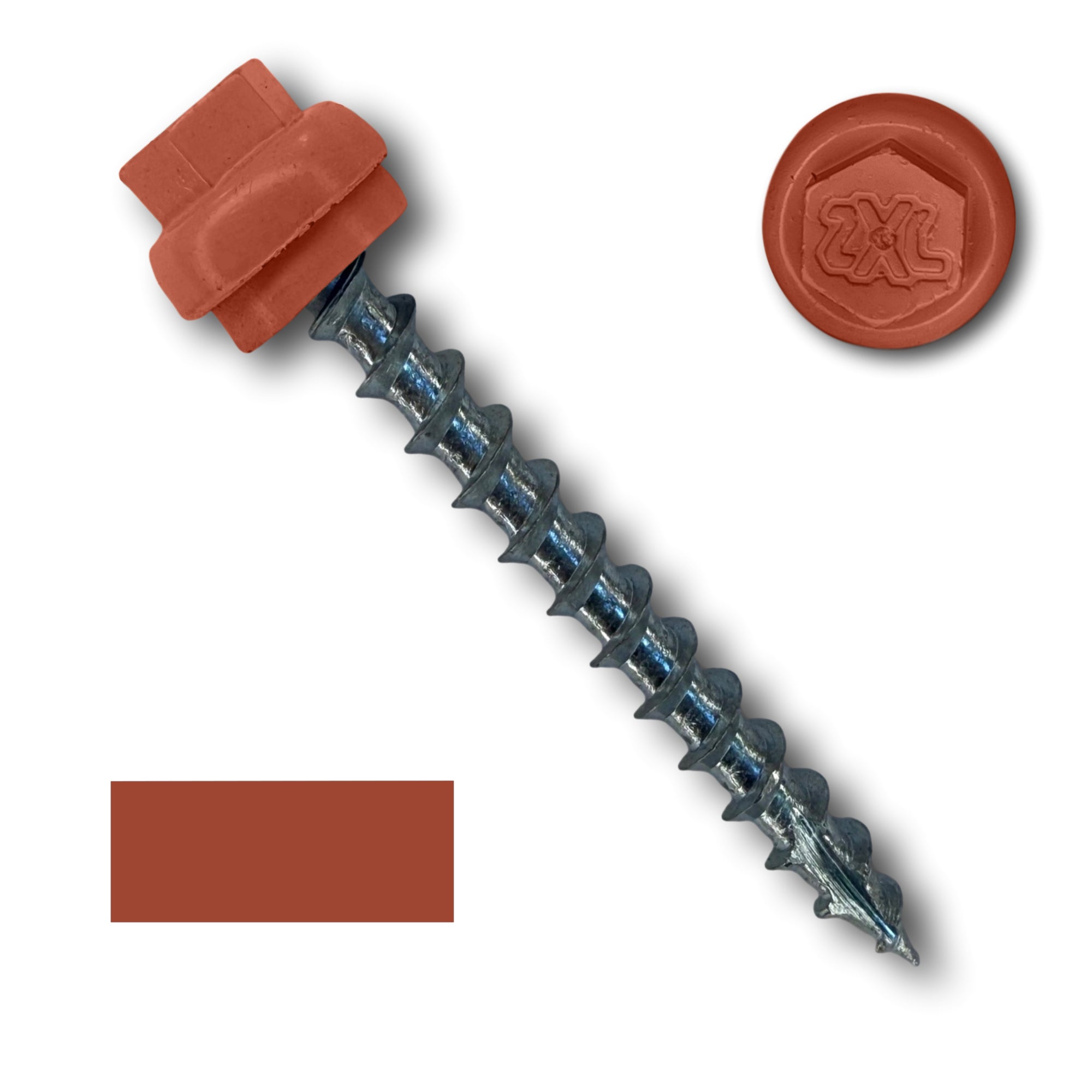 A number 12 Diameter Metal Roofing Screw that is 2 inches long with a 5/16 inch Hex Head and an EPDM Rubber Washer. The screw features a Type 17 Sharp Tip for piercing into wood and a Dome Cap that completely covers the washer. There is a color swatch of the screw head in the bottom left corner and a close-up of the screw head in the top right corner. The screw is Barn Red in color. 