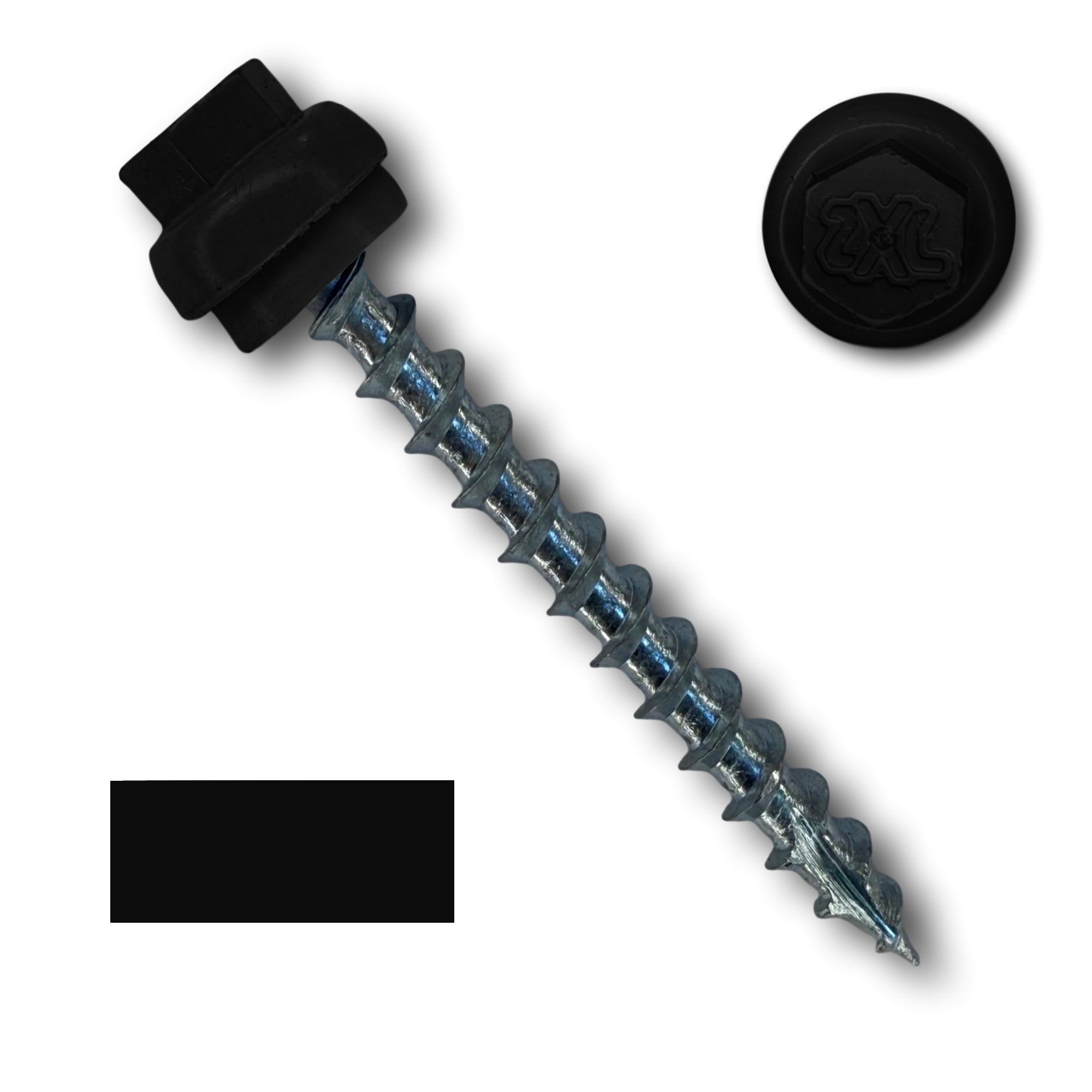A number 12 Diameter Metal Roofing Screw that is 2 inches long with a 5/16 inch Hex Head and an EPDM Rubber Washer. The screw features a Type 17 Sharp Tip for piercing into wood and a Dome Cap that completely covers the washer. There is a color swatch of the screw head in the bottom left corner and a close-up of the screw head in the top right corner. The screw is Black in color. 