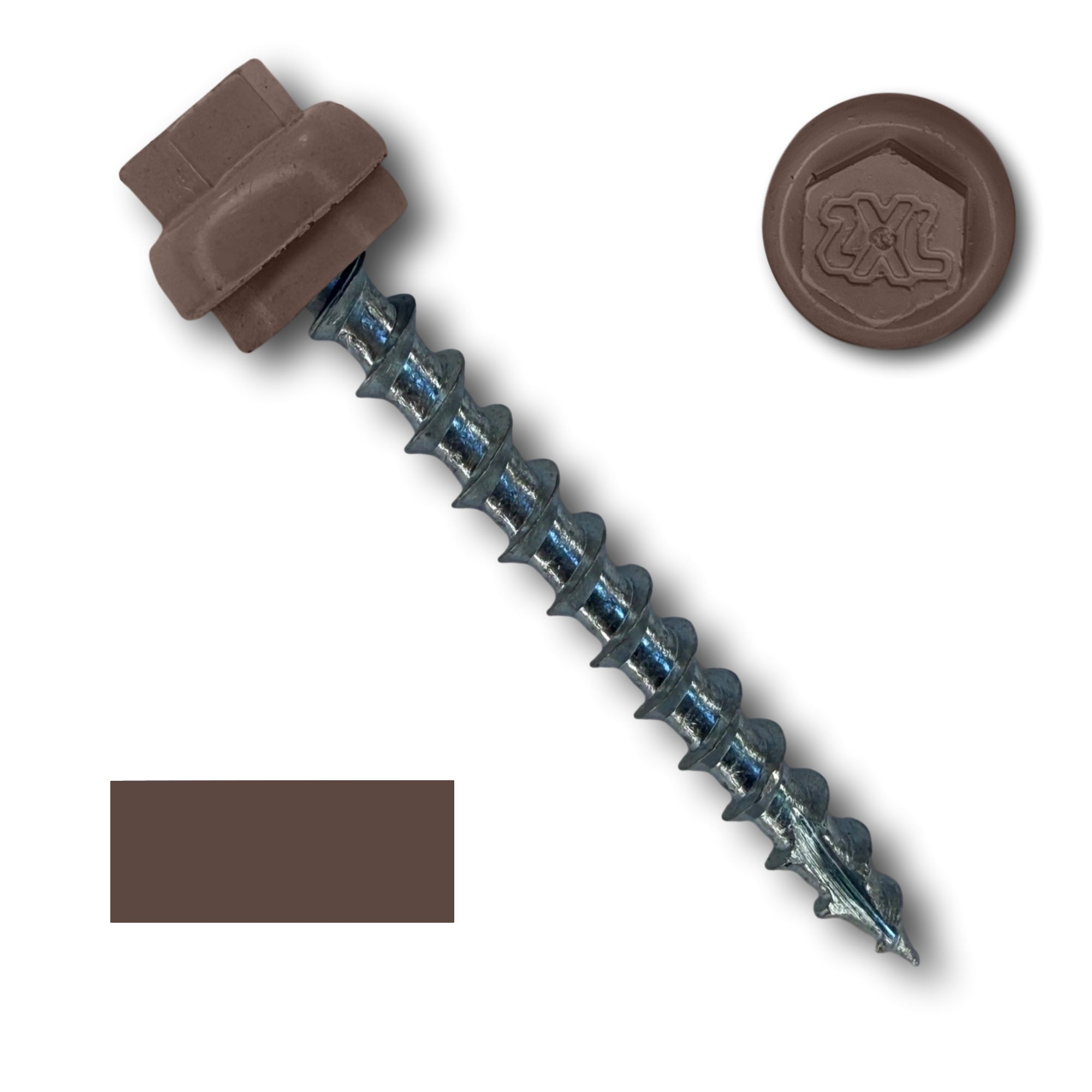 A number 12 Diameter Metal Roofing Screw that is 2 inches long with a 5/16 inch Hex Head and an EPDM Rubber Washer. The screw features a Type 17 Sharp Tip for piercing into wood and a Dome Cap that completely covers the washer. There is a color swatch of the screw head in the bottom left corner and a close-up of the screw head in the top right corner. The screw is Brown in color. 