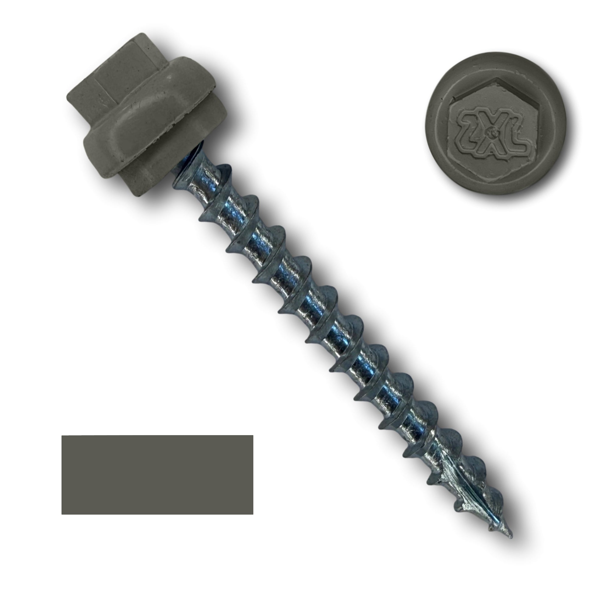 A number 12 Diameter Metal Roofing Screw that is 2 inches long with a 5/16 inch Hex Head and an EPDM Rubber Washer. The screw features a Type 17 Sharp Tip for piercing into wood and a Dome Cap that completely covers the washer. There is a color swatch of the screw head in the bottom left corner and a close-up of the screw head in the top right corner. The screw is Burnished Slate in color. 
