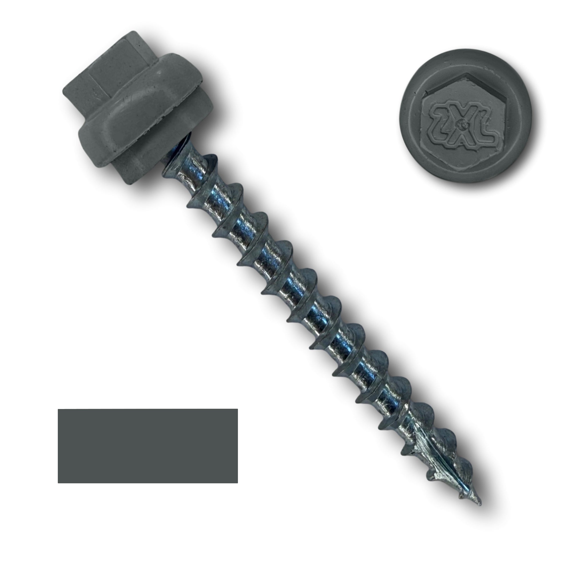 A number 12 Diameter Metal Roofing Screw that is 2 inches long with a 5/16 inch Hex Head and an EPDM Rubber Washer. The screw features a Type 17 Sharp Tip for piercing into wood and a Dome Cap that completely covers the washer. There is a color swatch of the screw head in the bottom left corner and a close-up of the screw head in the top right corner. The screw is Charcoal Gray in color. 