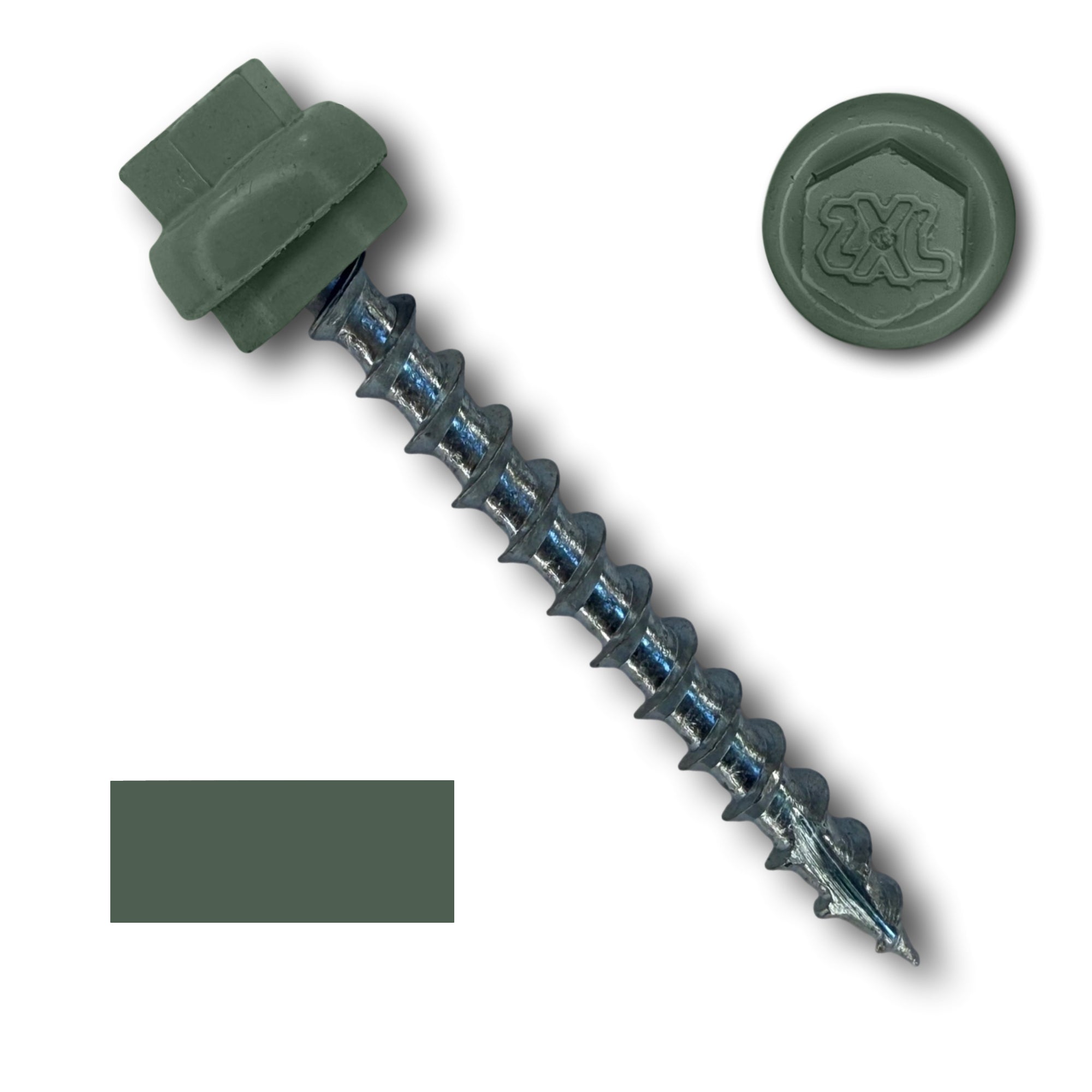 A number 12 Diameter Metal Roofing Screw that is 2 inches long with a 5/16 inch Hex Head and an EPDM Rubber Washer. The screw features a Type 17 Sharp Tip for piercing into wood and a Dome Cap that completely covers the washer. There is a color swatch of the screw head in the bottom left corner and a close-up of the screw head in the top right corner. The screw is Evergreen in color. 