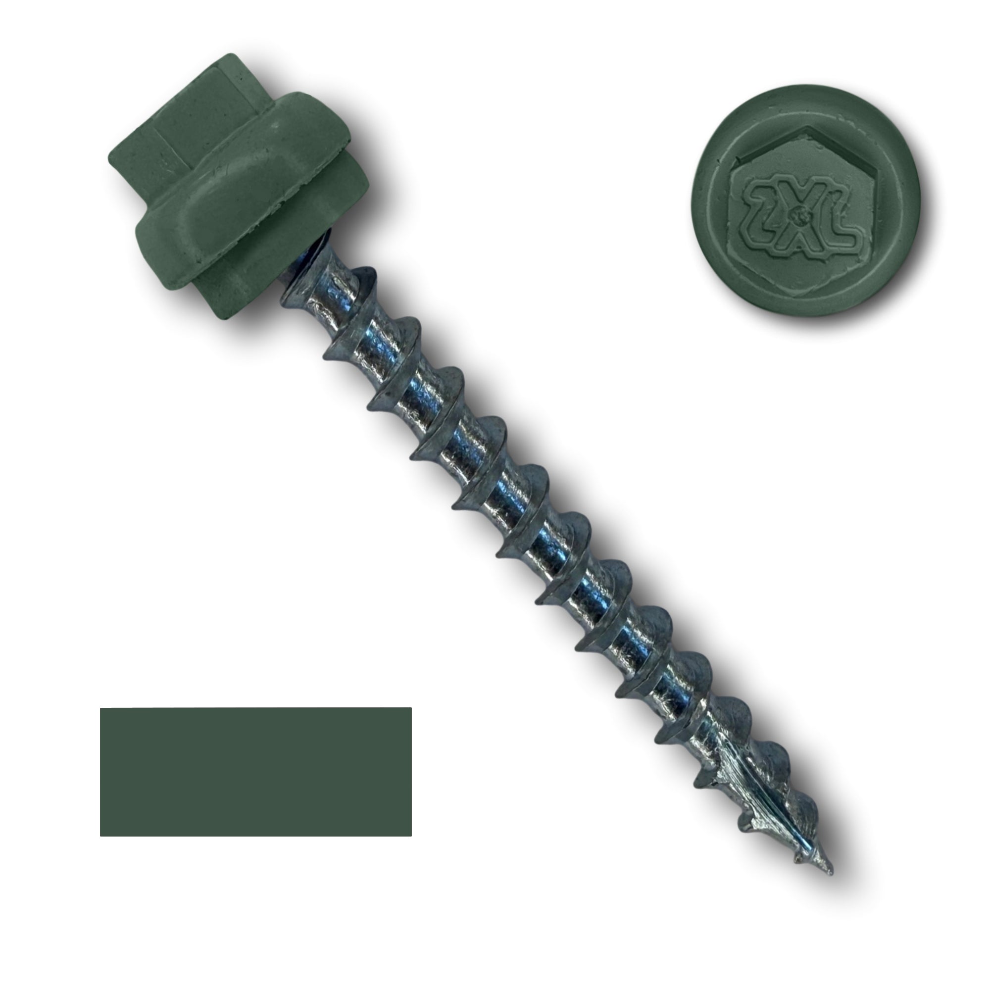 A number 12 Diameter Metal Roofing Screw that is 2 inches long with a 5/16 inch Hex Head and an EPDM Rubber Washer. The screw features a Type 17 Sharp Tip for piercing into wood and a Dome Cap that completely covers the washer. There is a color swatch of the screw head in the bottom left corner and a close-up of the screw head in the top right corner. The screw is Forest Green in color. 