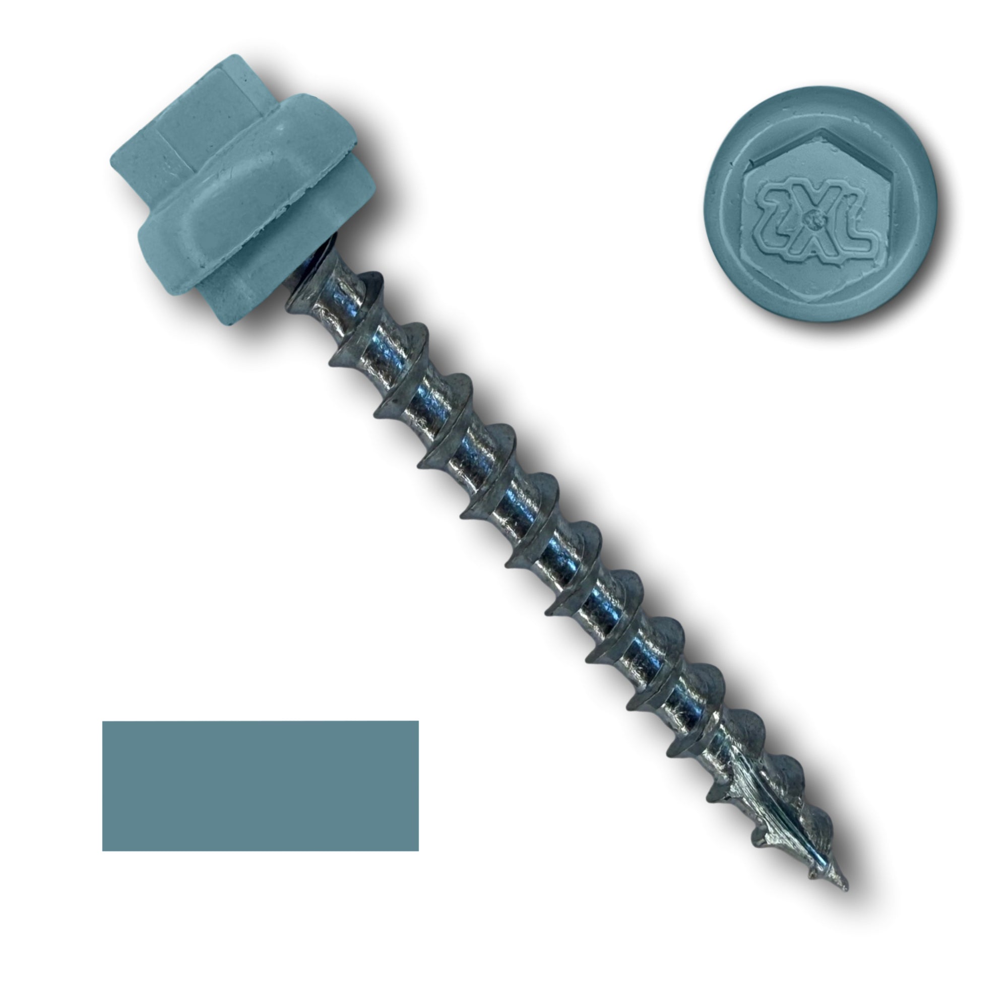 A number 12 Diameter Metal Roofing Screw that is 2 inches long with a 5/16 inch Hex Head and an EPDM Rubber Washer. The screw features a Type 17 Sharp Tip for piercing into wood and a Dome Cap that completely covers the washer. There is a color swatch of the screw head in the bottom left corner and a close-up of the screw head in the top right corner. The screw is Hawaiian Blue in color. 