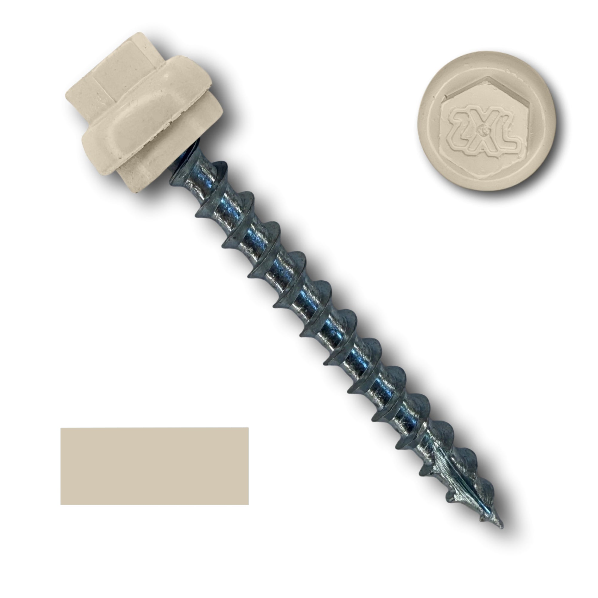A number 12 Diameter Metal Roofing Screw that is 2 inches long with a 5/16 inch Hex Head and an EPDM Rubber Washer. The screw features a Type 17 Sharp Tip for piercing into wood and a Dome Cap that completely covers the washer. There is a color swatch of the screw head in the bottom left corner and a close-up of the screw head in the top right corner. The screw is Lightstone in color. 