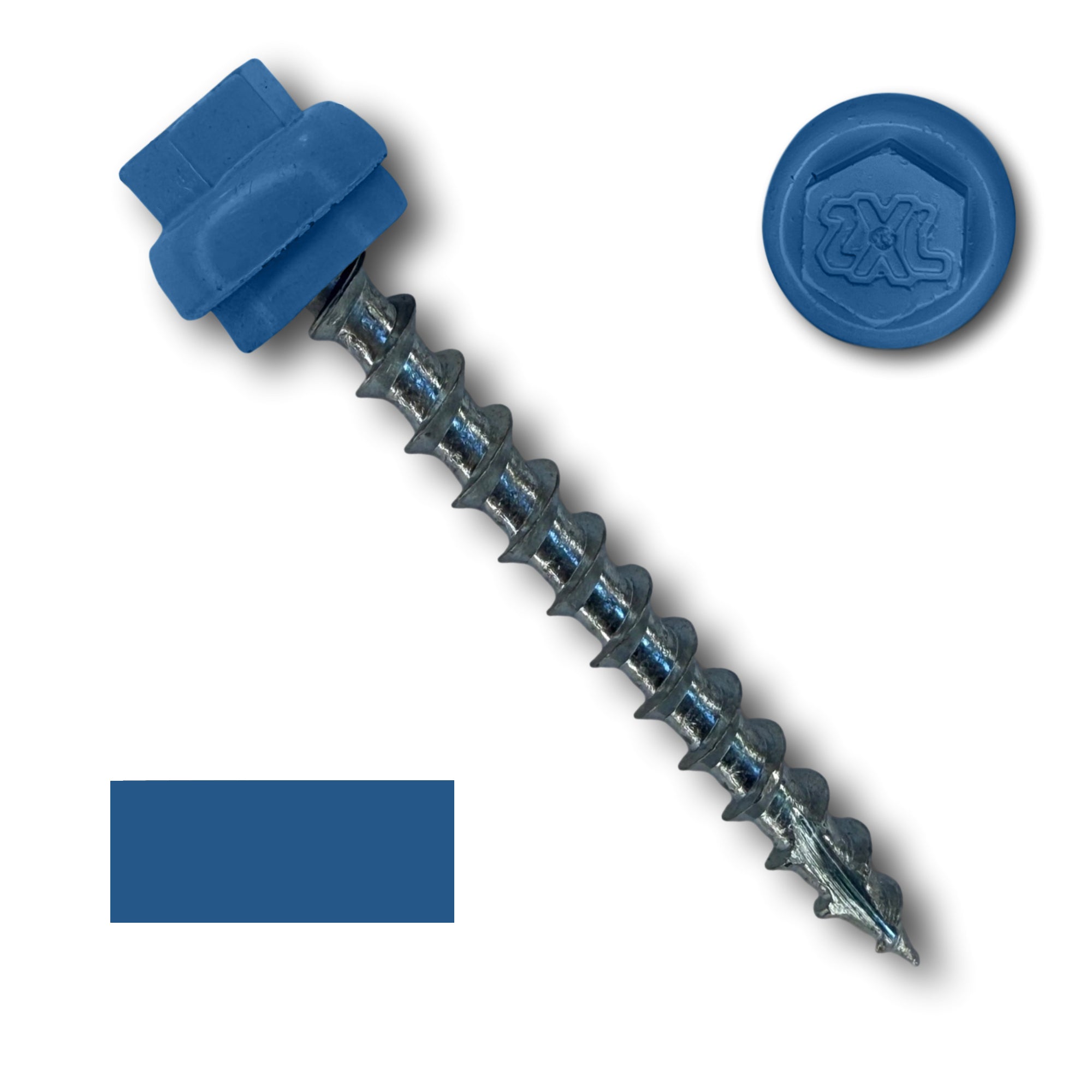A number 12 Diameter Metal Roofing Screw that is 2 inches long with a 5/16 inch Hex Head and an EPDM Rubber Washer. The screw features a Type 17 Sharp Tip for piercing into wood and a Dome Cap that completely covers the washer. There is a color swatch of the screw head in the bottom left corner and a close-up of the screw head in the top right corner. The screw is Regal Blue in color. 
