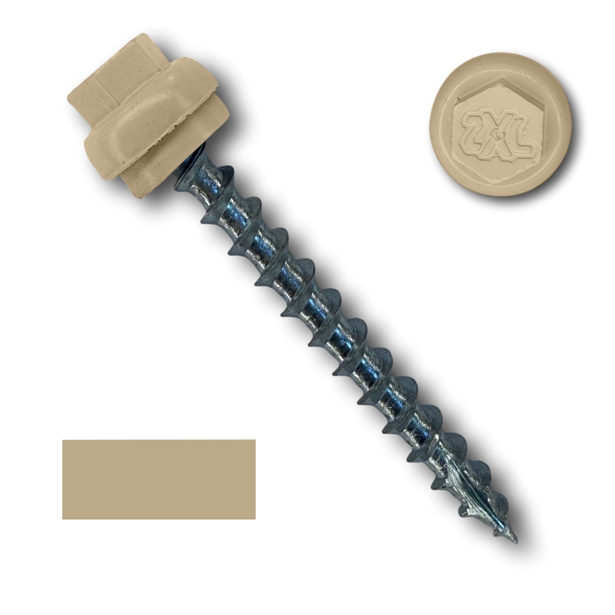 A number 12 Diameter Metal Roofing Screw that is 2 inches long with a 5/16 inch Hex Head and an EPDM Rubber Washer. The screw features a Type 17 Sharp Tip for piercing into wood and a Dome Cap that completely covers the washer. There is a color swatch of the screw head in the bottom left corner and a close-up of the screw head in the top right corner. The screw is Sahara Tan in color. 