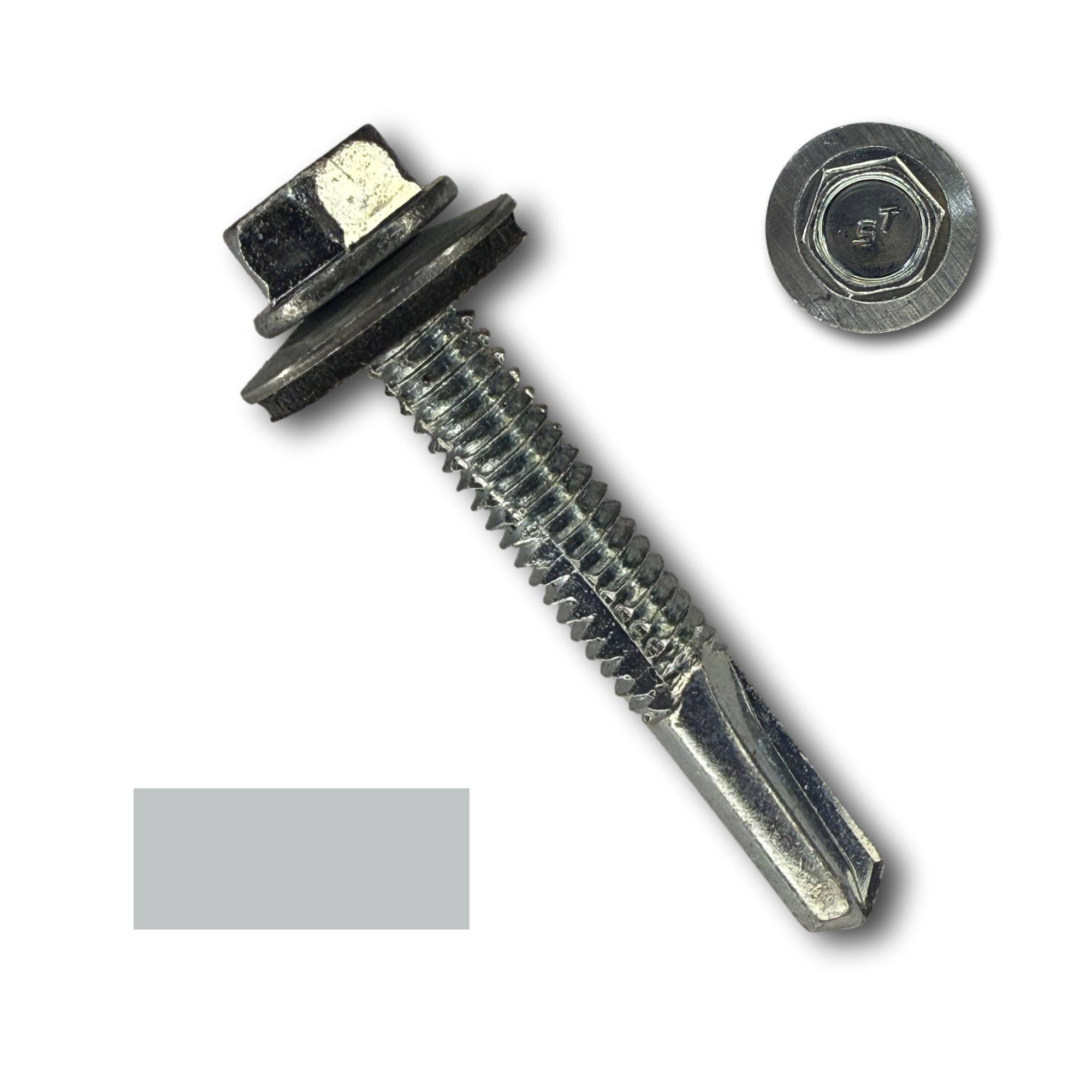 A number 12 diameter metal roofing screw that is 1.5 inches long. The screw is used in heavy gauge metal applications, and features a long self-drilling tip. There is a color swatch square in the bottom left corner that shows this screw is Zinc/Unpainted. 