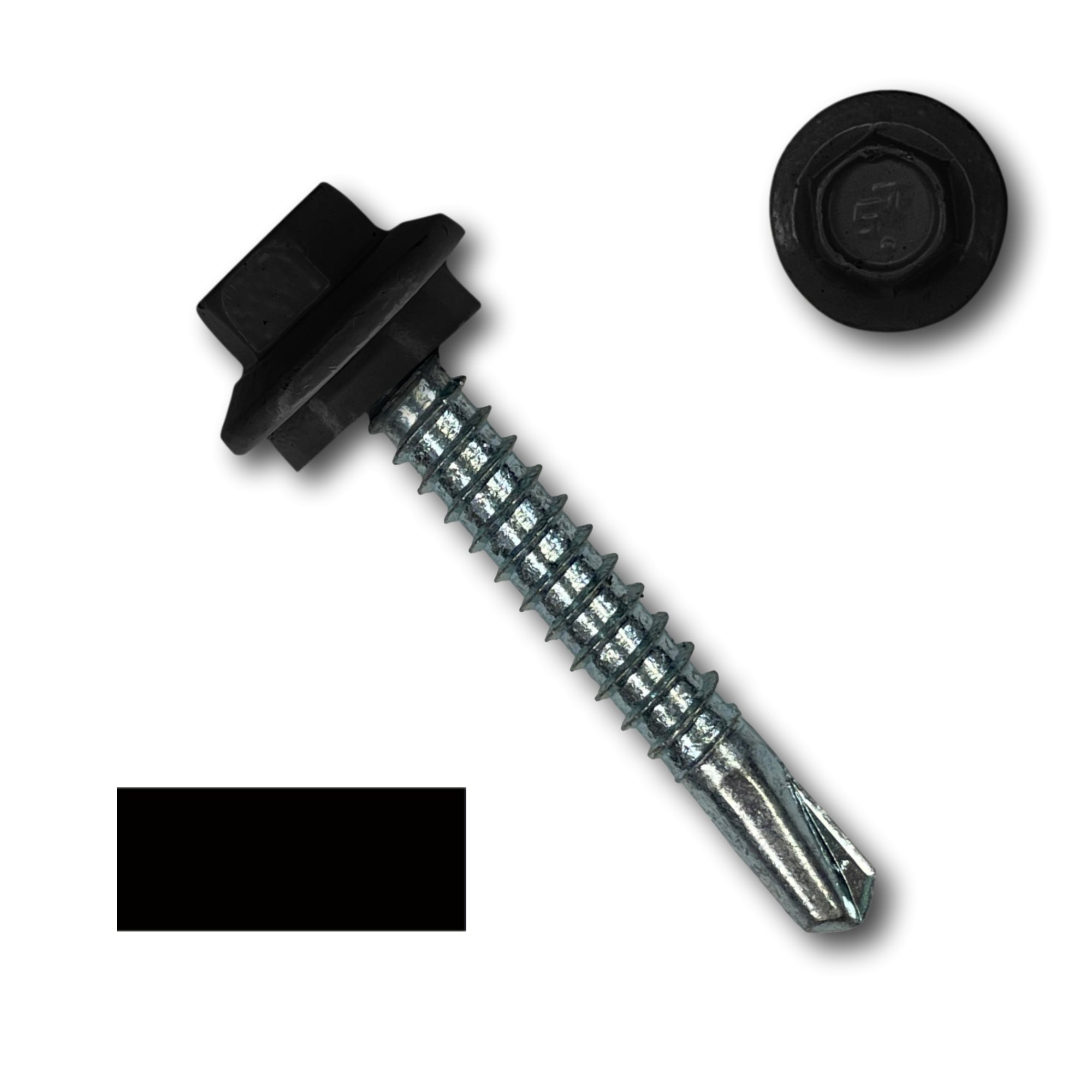 A number 12 Diameter Metal Roofing Screw that is 1.5 inches long with a 5/16 inch Hex Head and an EPDM Rubber Washer. The screw features a self-drilling tip for drilling into steel purlins. There is a color swatch of the screw head in the bottom left corner and a close-up of the screw head in the top right corner. The screw head is Black in color. 