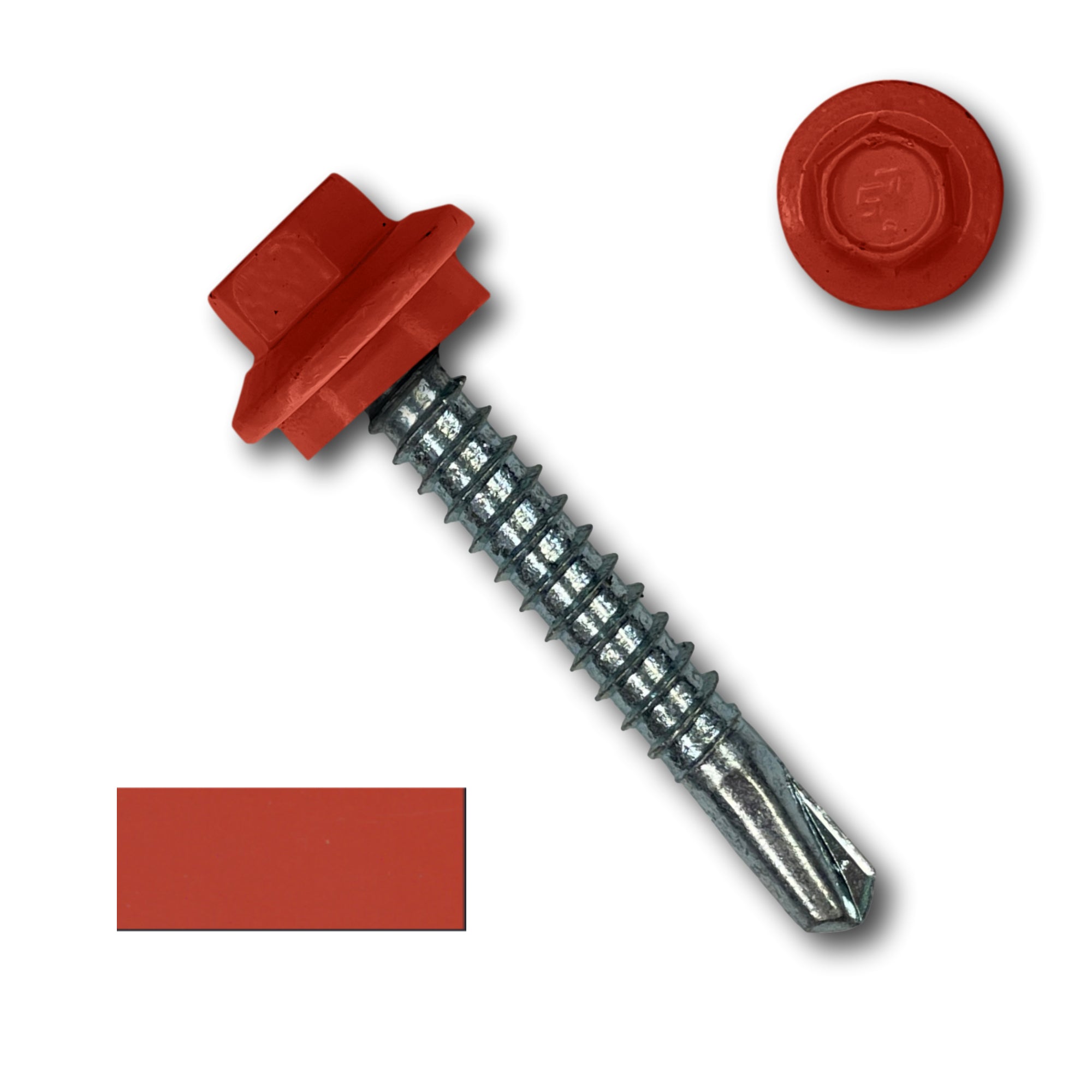 A number 12 Diameter Metal Roofing Screw that is 1.5 inches long with a 5/16 inch Hex Head and an EPDM Rubber Washer. The screw features a self-drilling tip for drilling into steel purlins. There is a color swatch of the screw head in the bottom left corner and a close-up of the screw head in the top right corner. The screw head is Bright Red in color. 