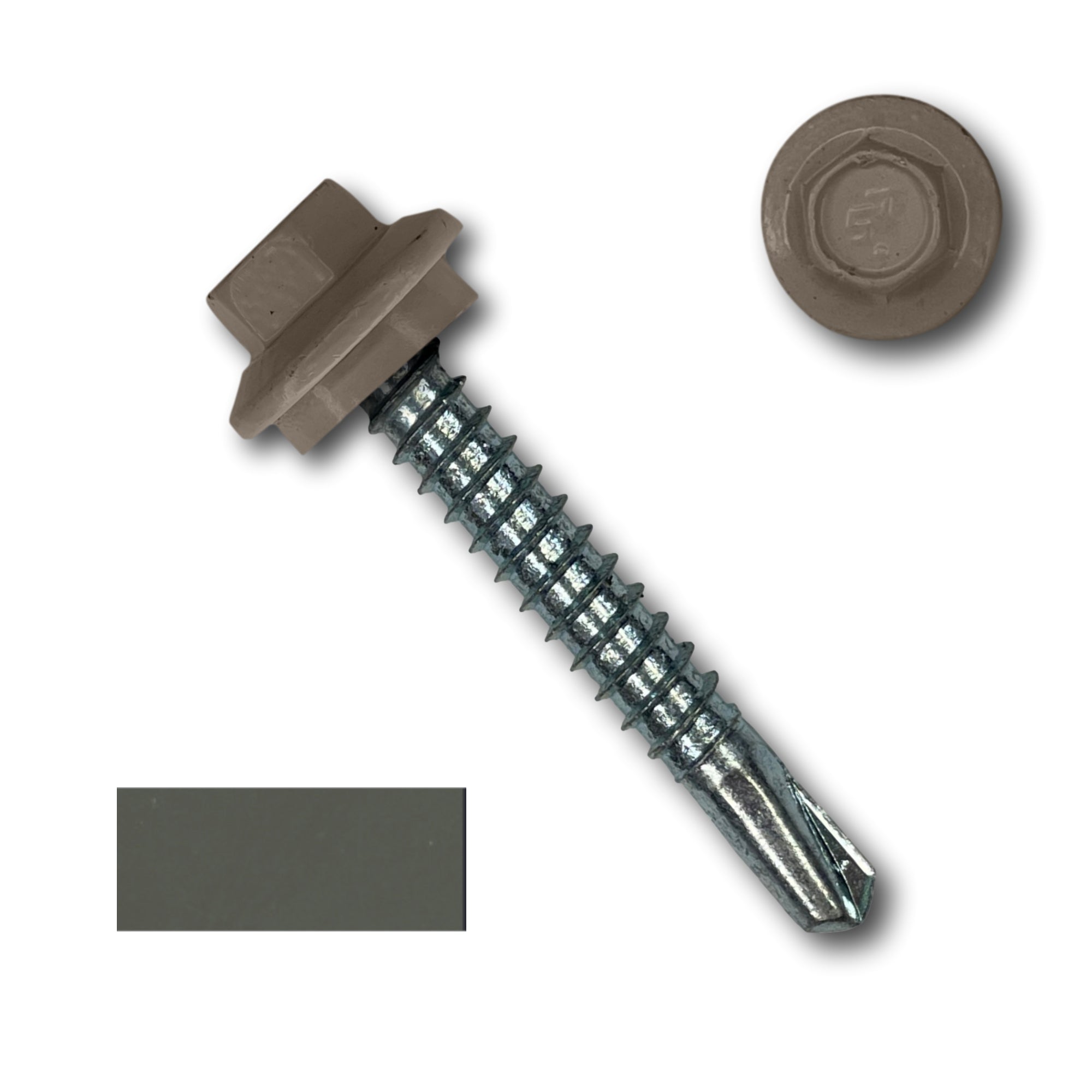 A number 12 Diameter Metal Roofing Screw that is 1.5 inches long with a 5/16 inch Hex Head and an EPDM Rubber Washer. The screw features a self-drilling tip for drilling into steel purlins. There is a color swatch of the screw head in the bottom left corner and a close-up of the screw head in the top right corner. The screw head is Burnished Slate in color. 
