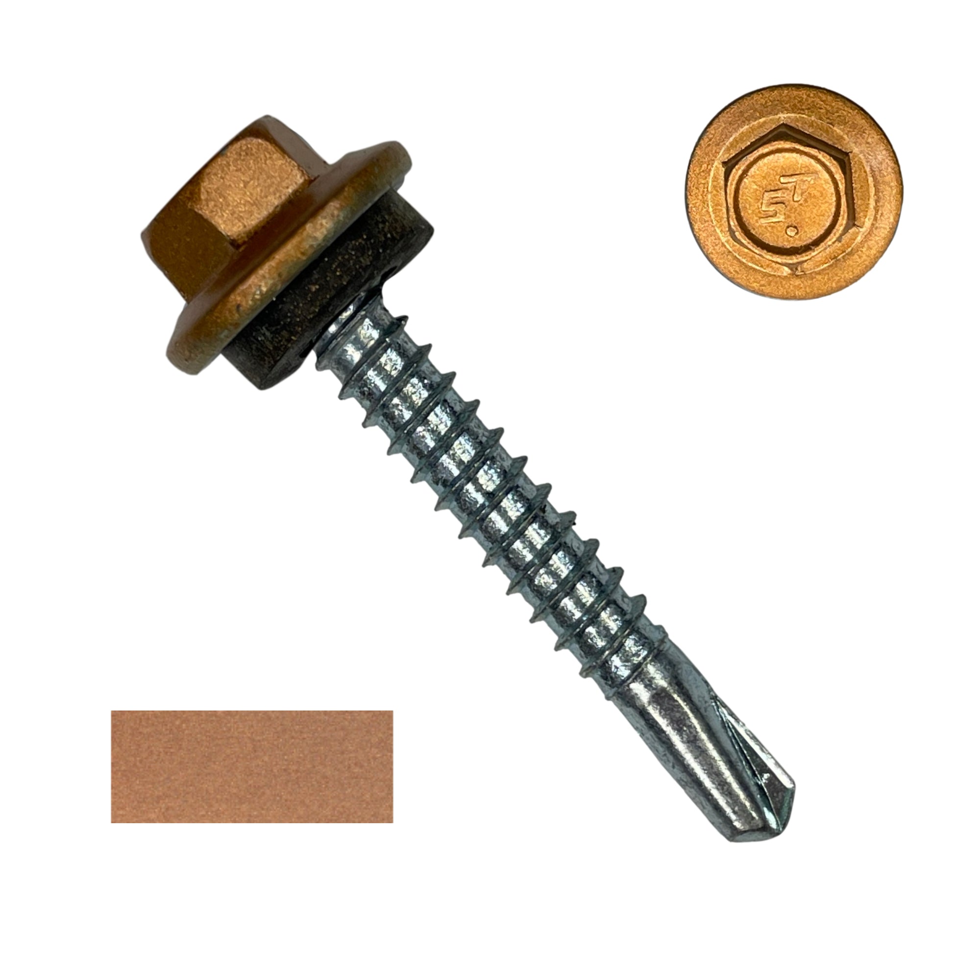 A number 12 Diameter Metal Roofing Screw that is 1.5 inches long with a 5/16 inch Hex Head and an EPDM Rubber Washer. The screw features a self-drilling tip for drilling into steel purlins. There is a color swatch of the screw head in the bottom left corner and a close-up of the screw head in the top right corner. The screw head is Copper Metallic in color. 
