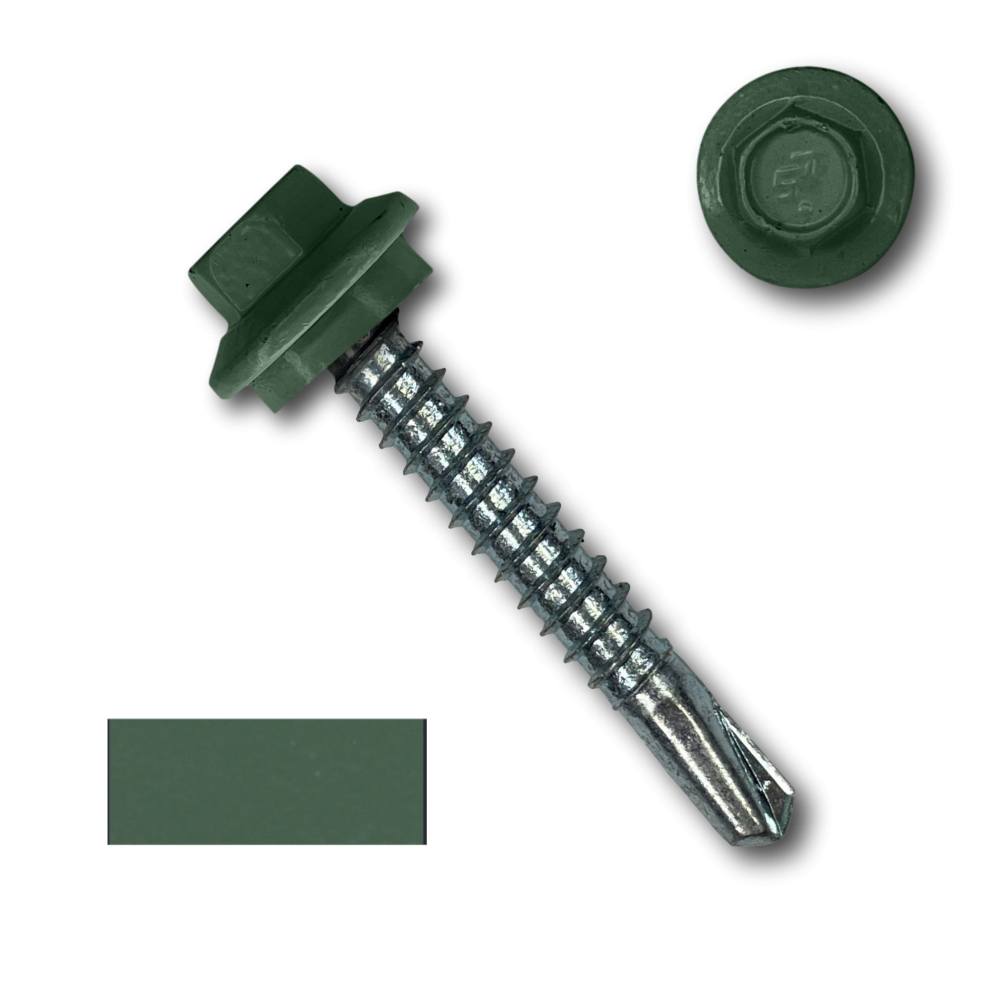 A number 12 Diameter Metal Roofing Screw that is 1.5 inches long with a 5/16 inch Hex Head and an EPDM Rubber Washer. The screw features a self-drilling tip for drilling into steel purlins. There is a color swatch of the screw head in the bottom left corner and a close-up of the screw head in the top right corner. The screw head is Evergreen in color. 