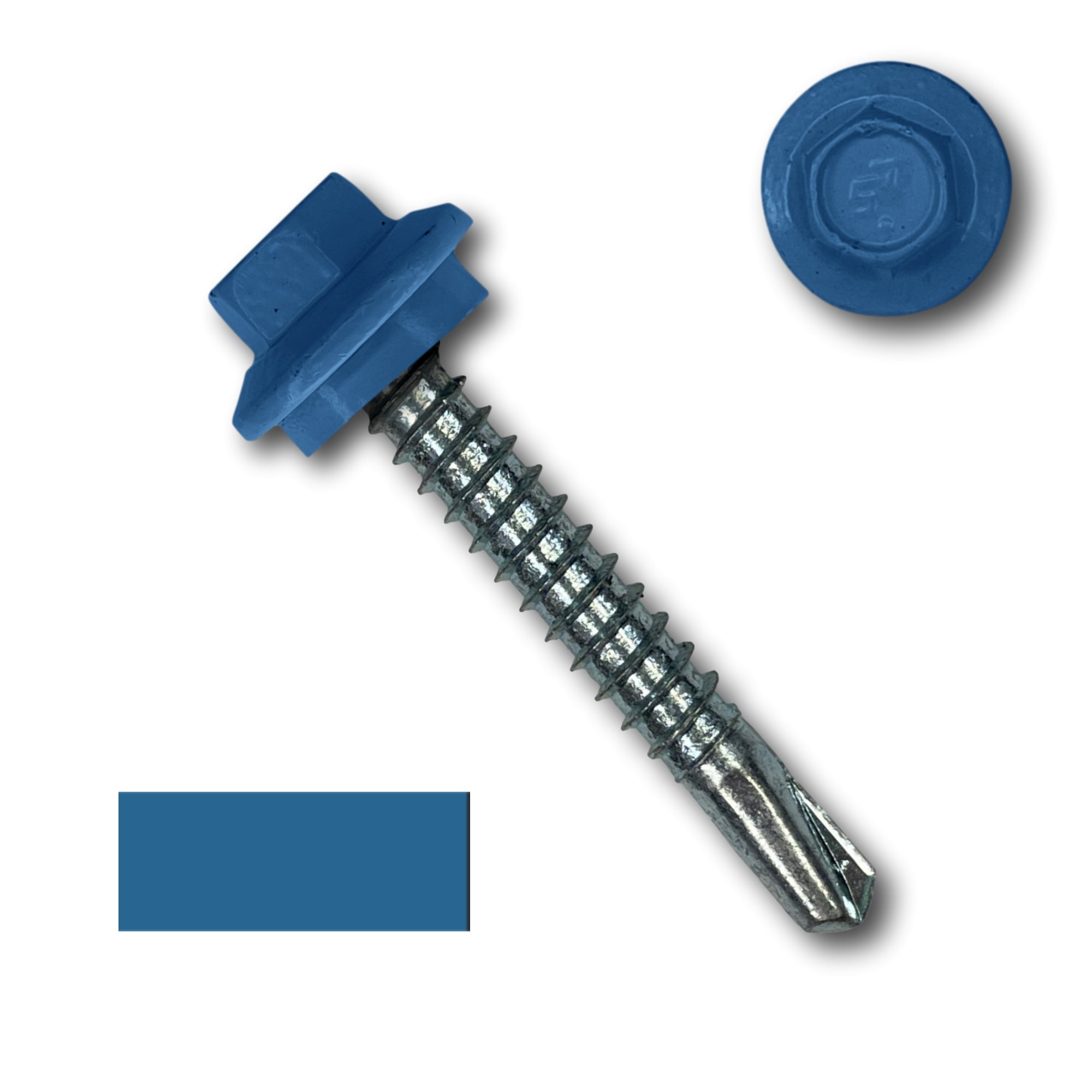 A number 12 Diameter Metal Roofing Screw that is 1.5 inches long with a 5/16 inch Hex Head and an EPDM Rubber Washer. The screw features a self-drilling tip for drilling into steel purlins. There is a color swatch of the screw head in the bottom left corner and a close-up of the screw head in the top right corner. The screw head is Regal Blue in color. 