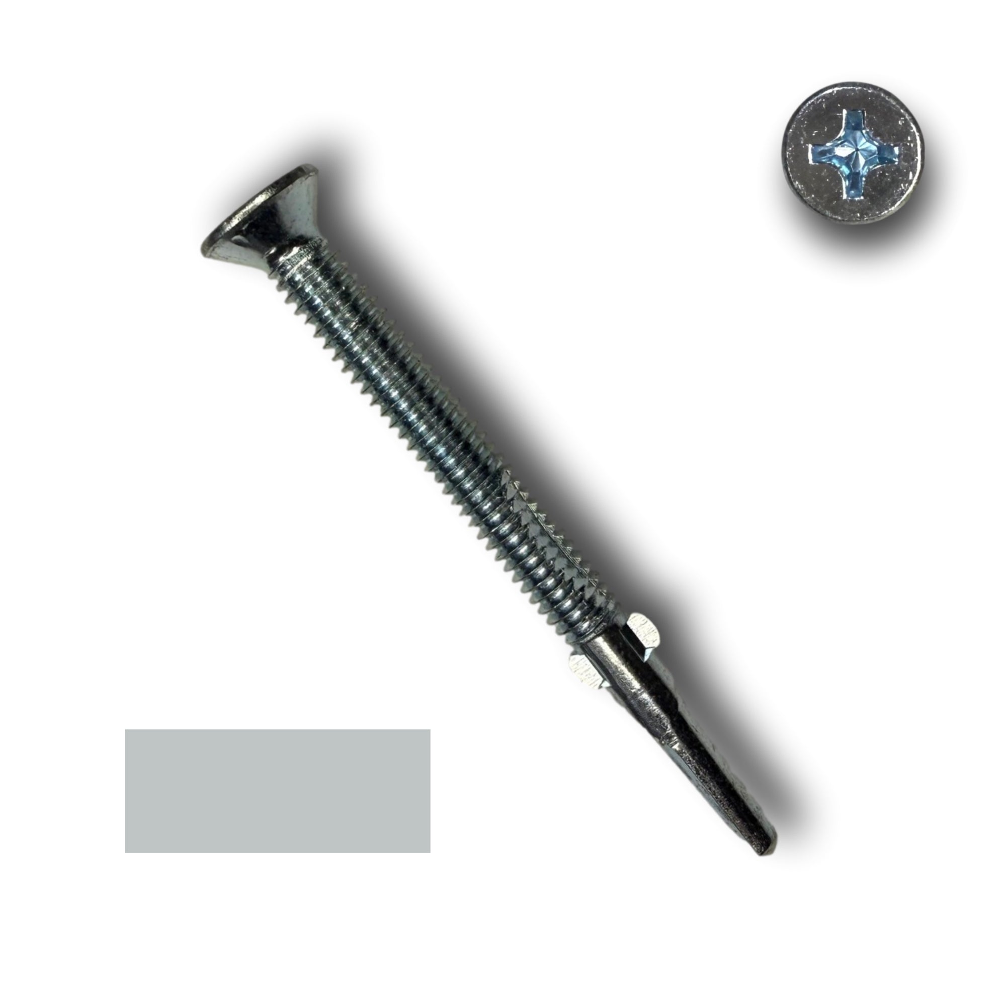 A #12 diameter metal roofing screw with wings that pierce into wood fibers. The screw is 2.5 inches long. 