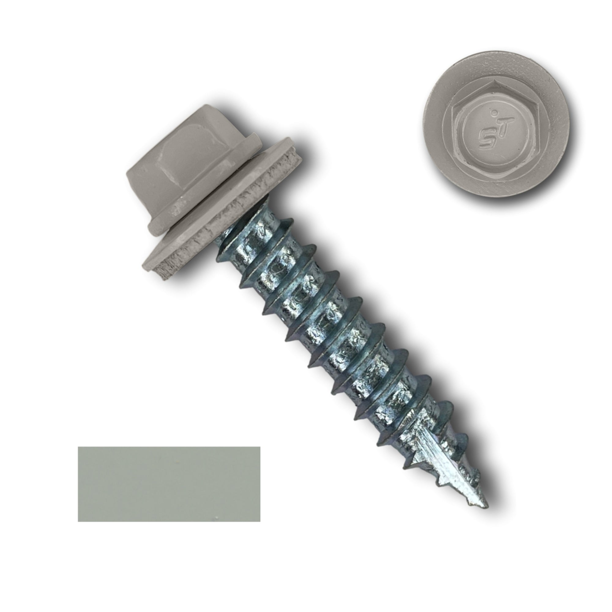 A number 14 Diameter Metal Roofing Screw that is 1.25 inches long with a 5/16 inch Hex Head and an EPDM Rubber Washer. The screw features a Type 17 sharp tip for drilling into wood decking. There is a color swatch of the screw head in the bottom left corner and a close-up of the screw head in the top right corner. The screw head is Ash Gray in color. 