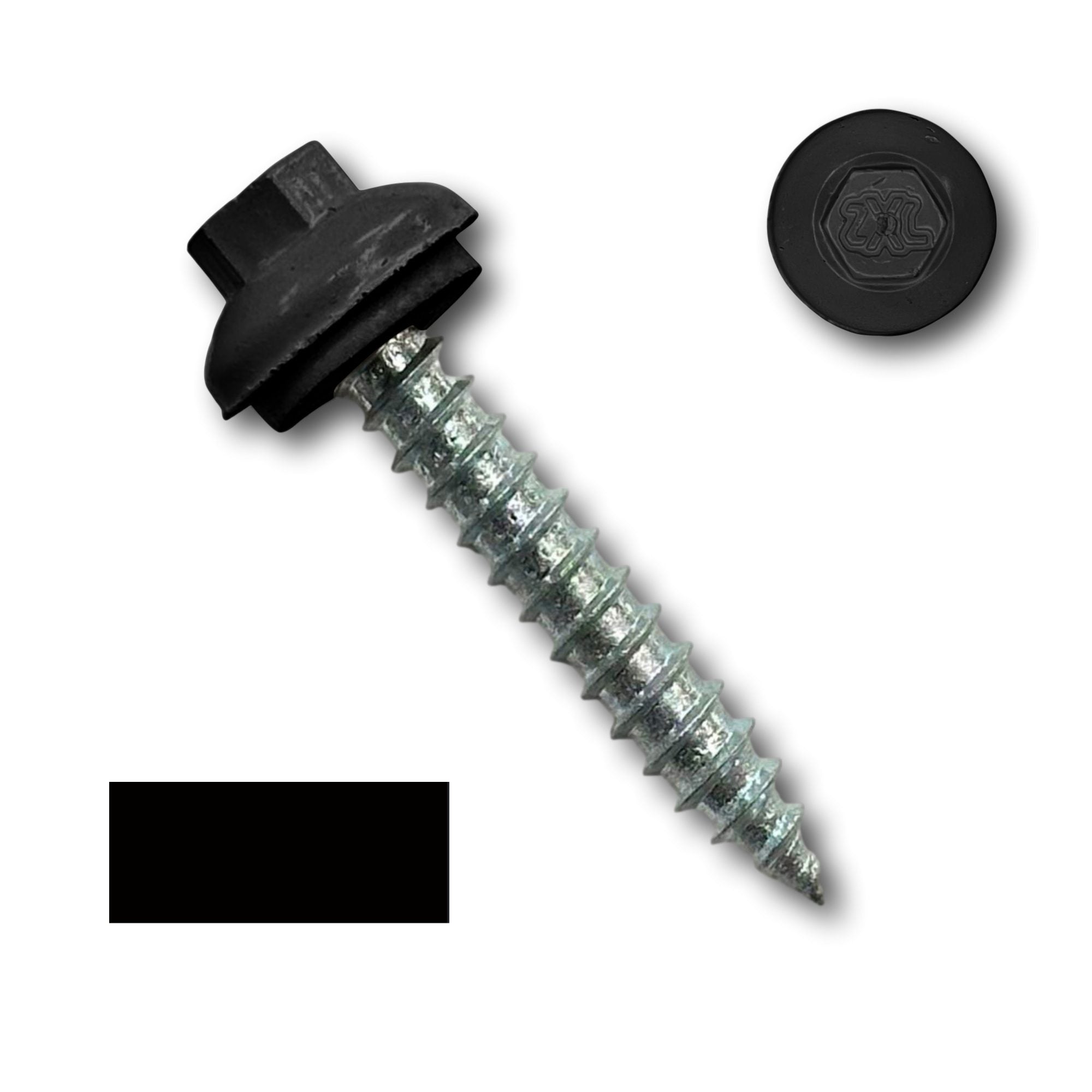 A number 14 Diameter Metal Roofing Screw that is 1.5 inches long with a 5/16 inch Hex Head and an EPDM Rubber Washer. The screw features a Dome Cap that covers the washer and a self-piercing tip for drilling into wood decking. There is a color swatch of the screw head in the bottom left corner and a close-up of the screw head in the top right corner. The screw head is Black in color. 