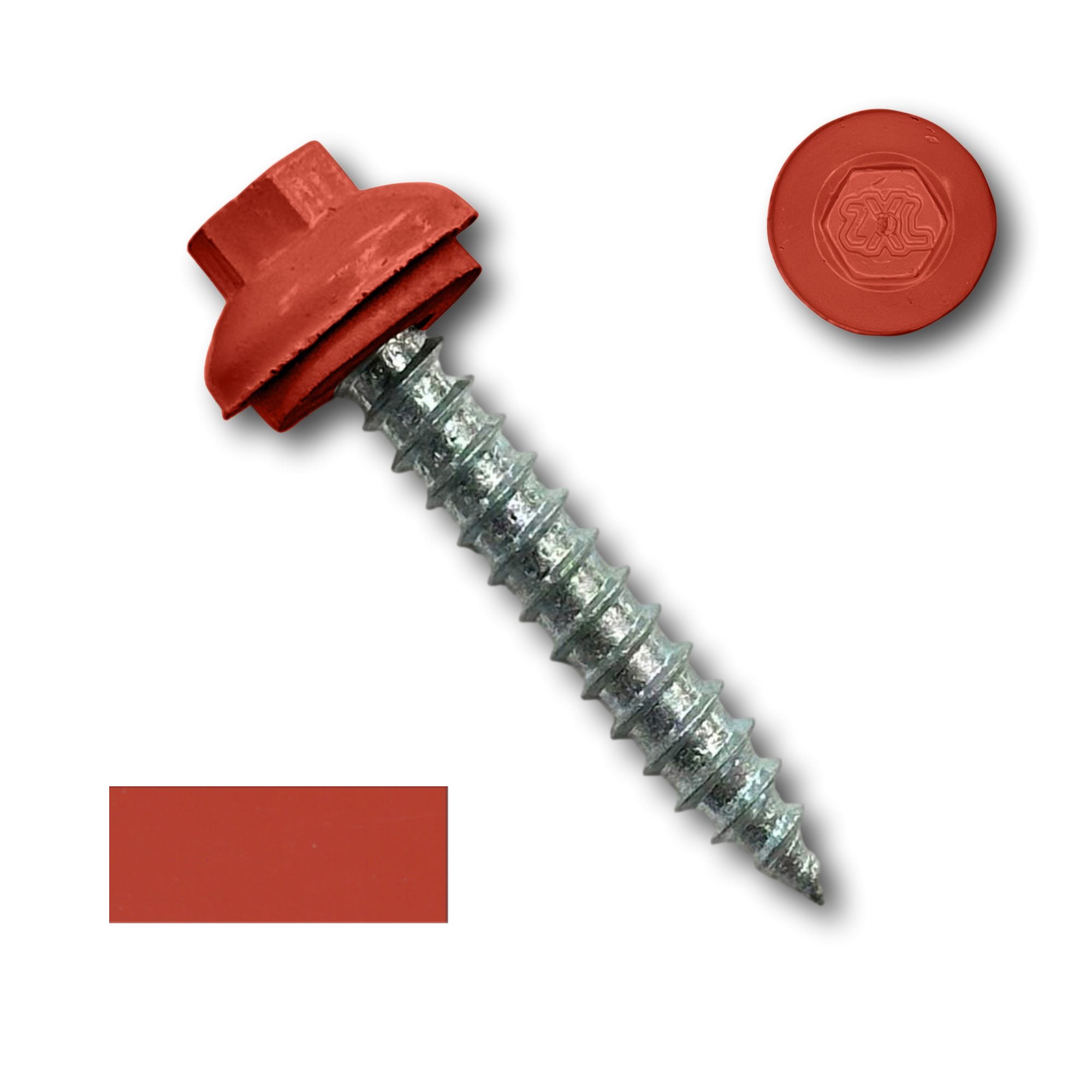 A number 14 Diameter Metal Roofing Screw that is 1.5 inches long with a 5/16 inch Hex Head and an EPDM Rubber Washer. The screw features a Dome Cap that covers the washer and a self-piercing tip for drilling into wood decking. There is a color swatch of the screw head in the bottom left corner and a close-up of the screw head in the top right corner. The screw head is Bright Red in color. 