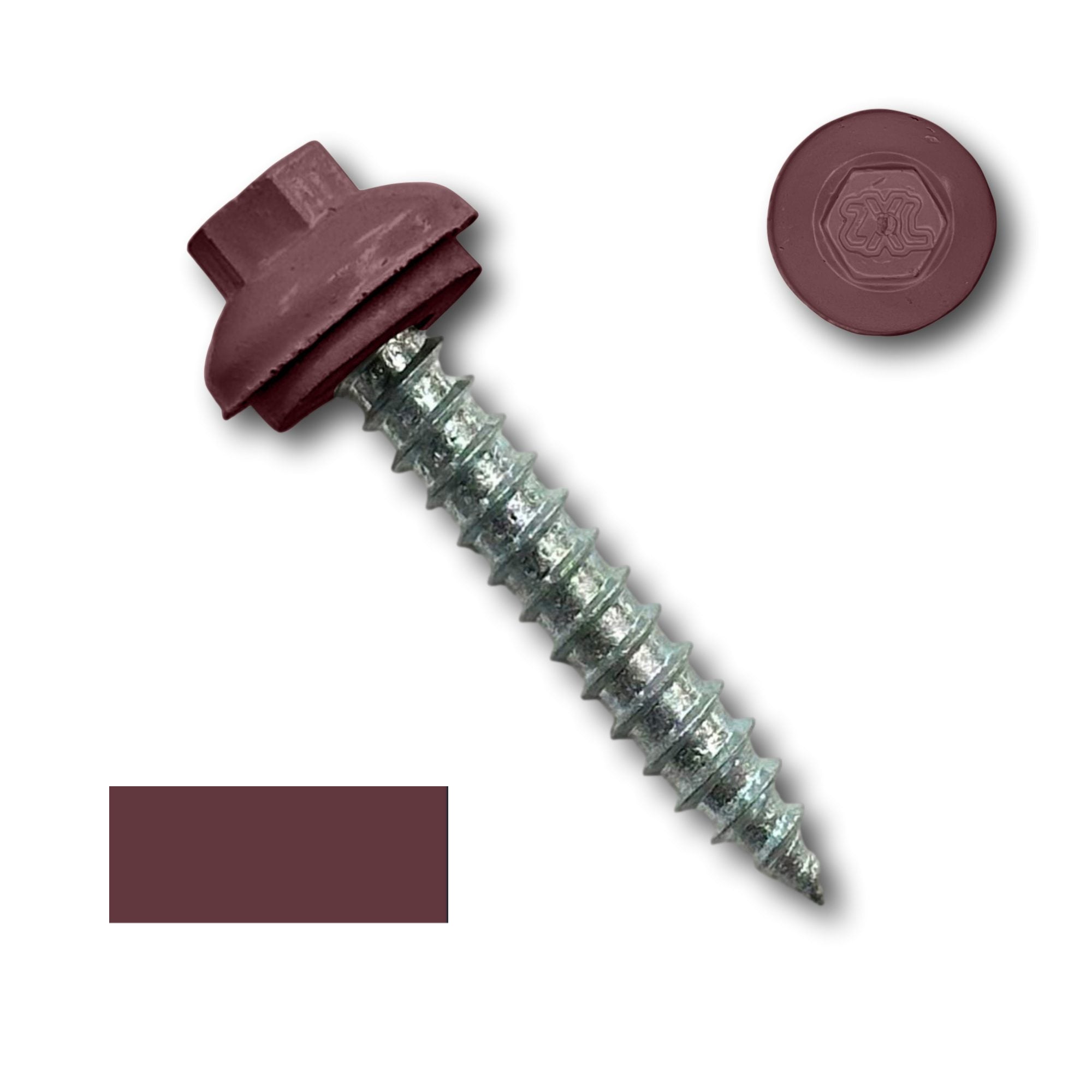 A number 14 Diameter Metal Roofing Screw that is 1.5 inches long with a 5/16 inch Hex Head and an EPDM Rubber Washer. The screw features a Dome Cap that covers the washer and a self-piercing tip for drilling into wood decking. There is a color swatch of the screw head in the bottom left corner and a close-up of the screw head in the top right corner. The screw head is Burgundy in color. 