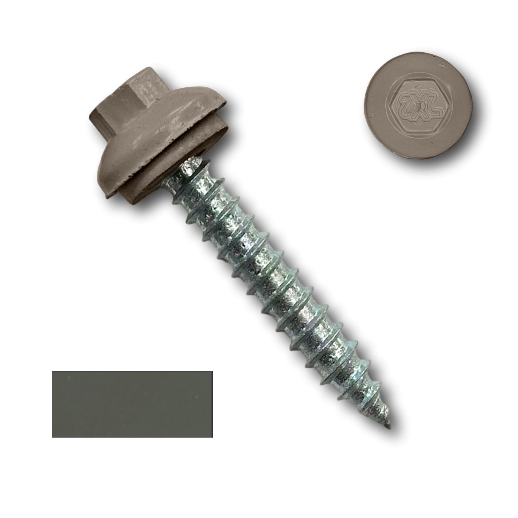 A number 14 Diameter Metal Roofing Screw that is 1.5 inches long with a 5/16 inch Hex Head and an EPDM Rubber Washer. The screw features a Dome Cap that covers the washer and a self-piercing tip for drilling into wood decking. There is a color swatch of the screw head in the bottom left corner and a close-up of the screw head in the top right corner. The screw head is Burnished Slate in color. 