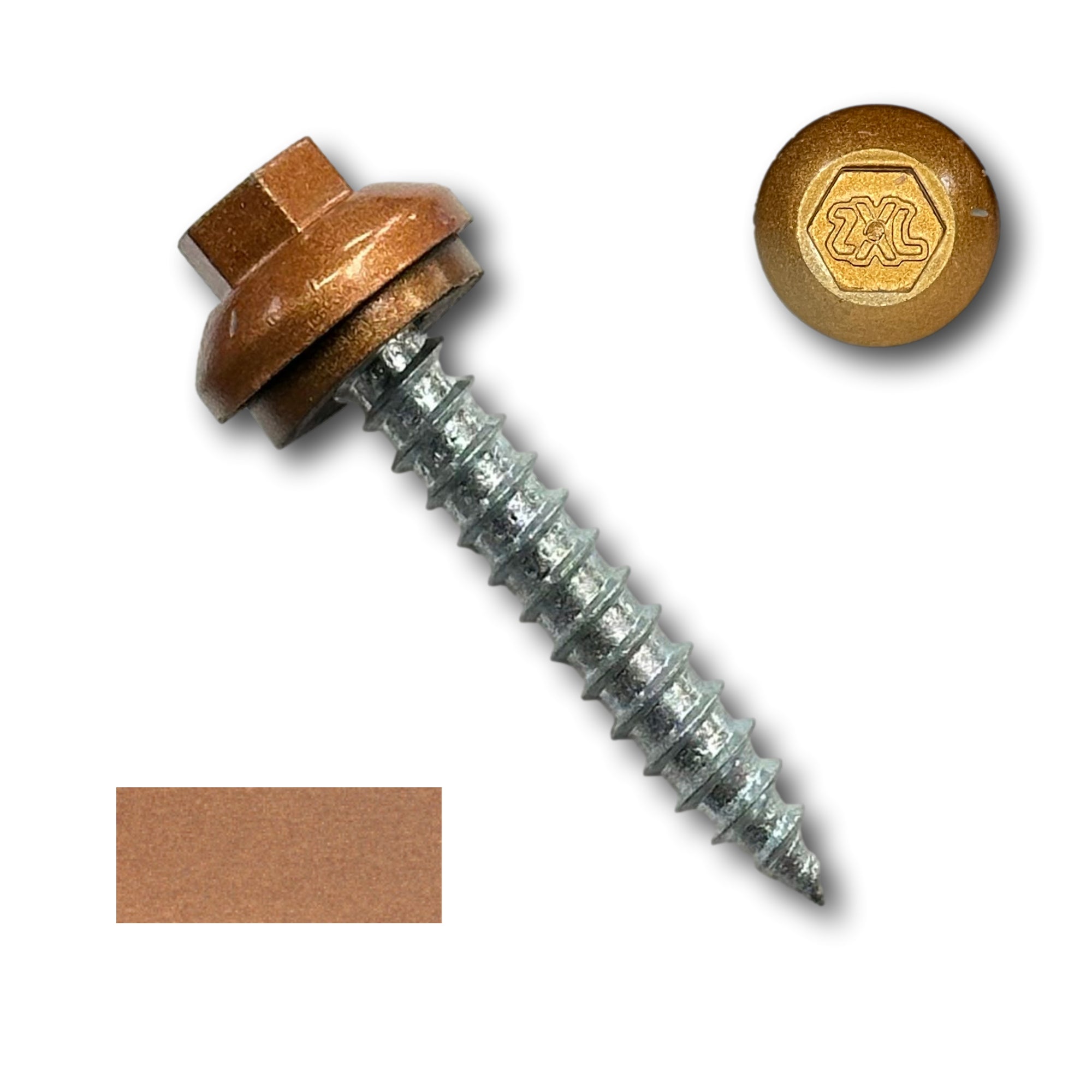 A number 14 Diameter Metal Roofing Screw that is 1.5 inches long with a 5/16 inch Hex Head and an EPDM Rubber Washer. The screw features a Dome Cap that covers the washer and a self-piercing tip for drilling into wood decking. There is a color swatch of the screw head in the bottom left corner and a close-up of the screw head in the top right corner. The screw head is Copper Metallic in color. 