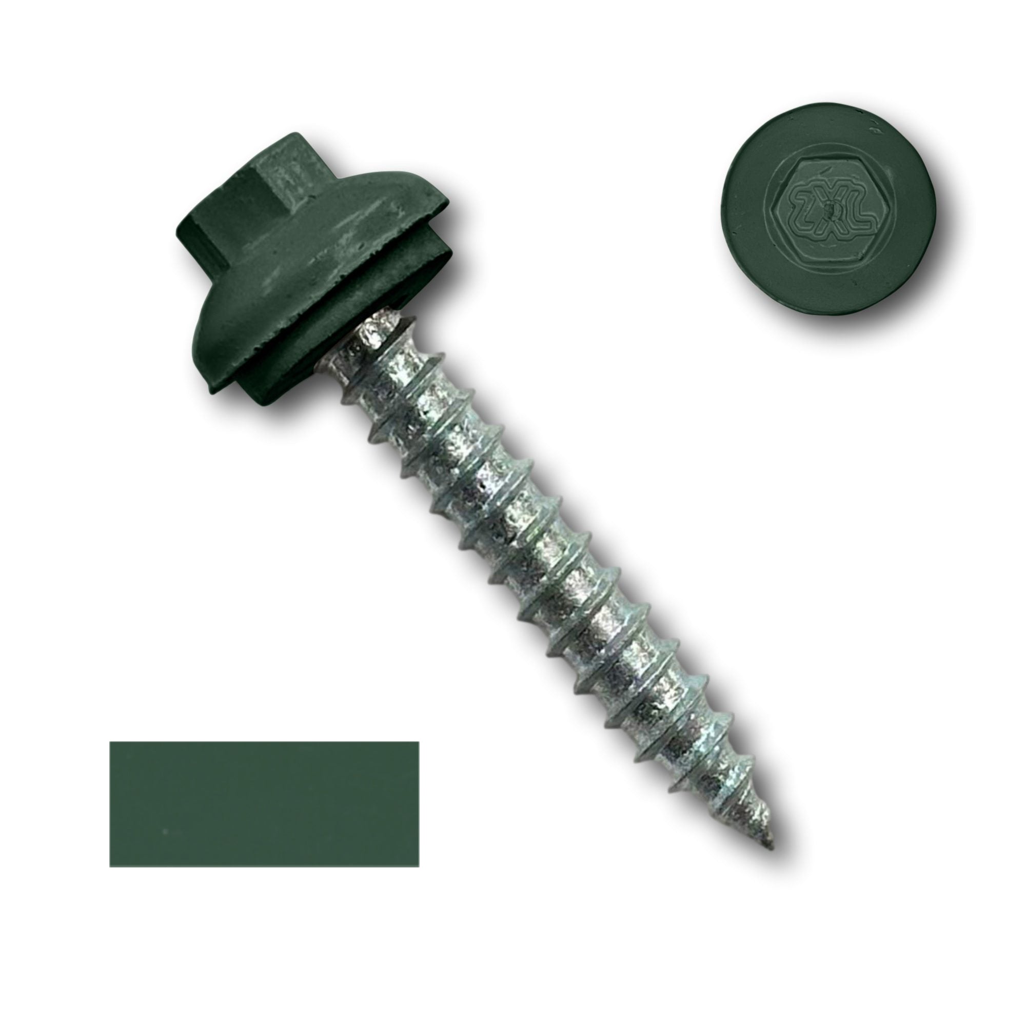 A number 14 Diameter Metal Roofing Screw that is 1.5 inches long with a 5/16 inch Hex Head and an EPDM Rubber Washer. The screw features a Dome Cap that covers the washer and a self-piercing tip for drilling into wood decking. There is a color swatch of the screw head in the bottom left corner and a close-up of the screw head in the top right corner. The screw head is Forest Green in color. 