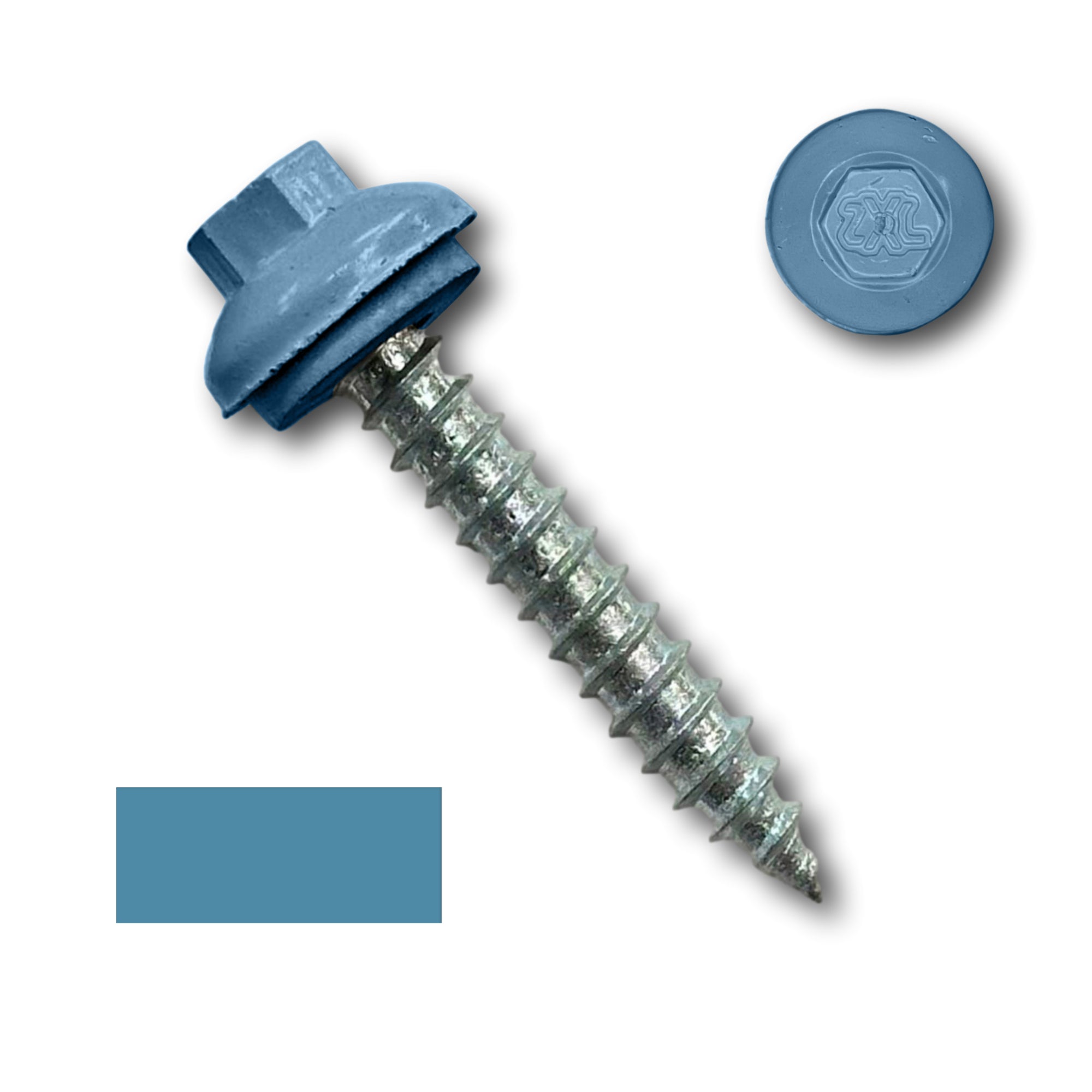 A number 14 Diameter Metal Roofing Screw that is 1.5 inches long with a 5/16 inch Hex Head and an EPDM Rubber Washer. The screw features a Dome Cap that covers the washer and a self-piercing tip for drilling into wood decking. There is a color swatch of the screw head in the bottom left corner and a close-up of the screw head in the top right corner. The screw head is Hawaiian Blue in color. 
