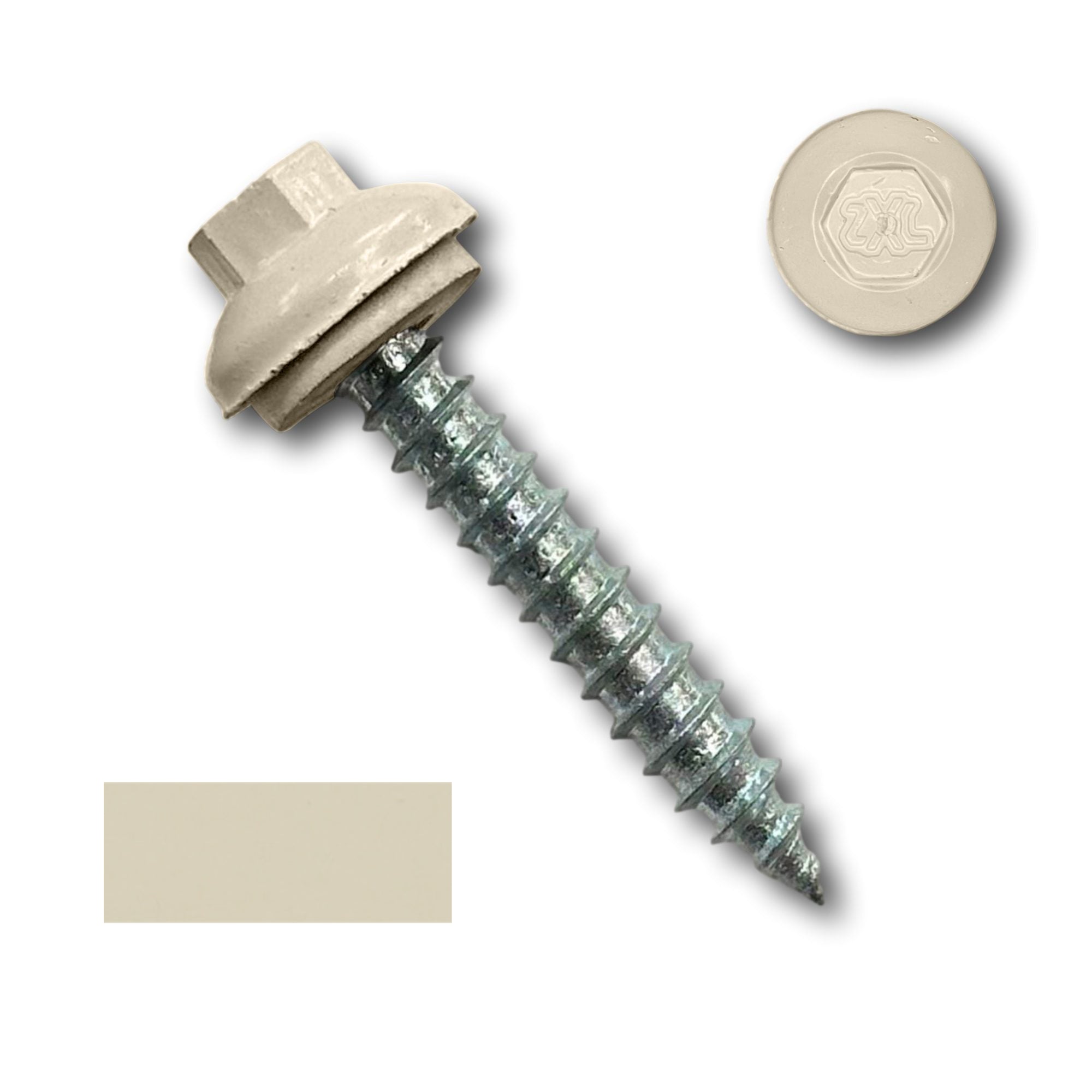 A number 14 Diameter Metal Roofing Screw that is 1.5 inches long with a 5/16 inch Hex Head and an EPDM Rubber Washer. The screw features a Dome Cap that covers the washer and a self-piercing tip for drilling into wood decking. There is a color swatch of the screw head in the bottom left corner and a close-up of the screw head in the top right corner. The screw head is Lightstone in color. 
