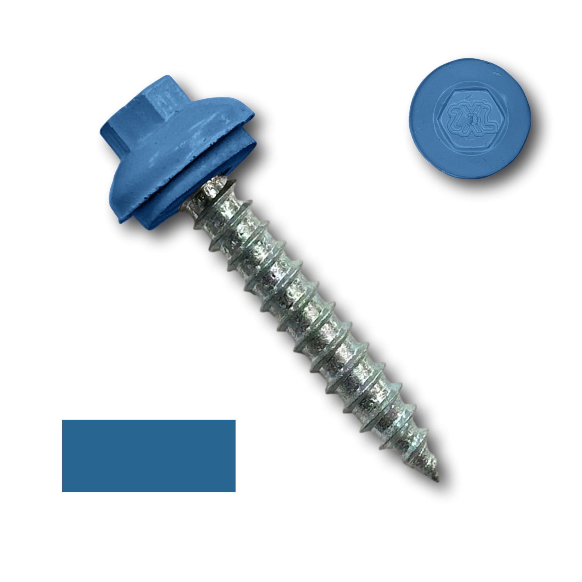 A number 14 Diameter Metal Roofing Screw that is 1.5 inches long with a 5/16 inch Hex Head and an EPDM Rubber Washer. The screw features a Dome Cap that covers the washer and a self-piercing tip for drilling into wood decking. There is a color swatch of the screw head in the bottom left corner and a close-up of the screw head in the top right corner. The screw head is Regal Blue in color. 