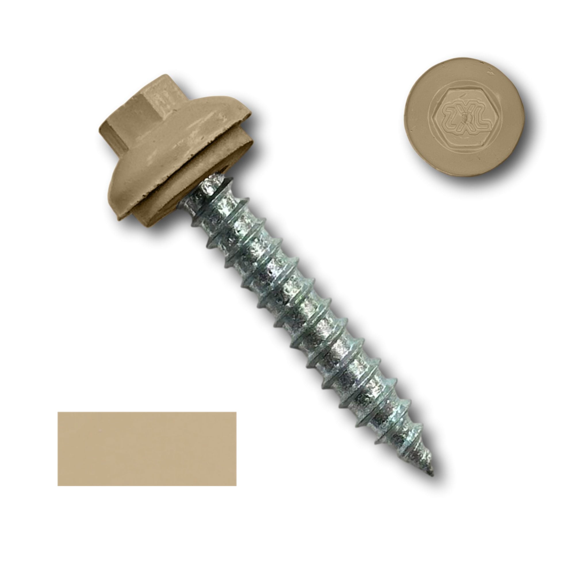 A number 14 Diameter Metal Roofing Screw that is 1.5 inches long with a 5/16 inch Hex Head and an EPDM Rubber Washer. The screw features a Dome Cap that covers the washer and a self-piercing tip for drilling into wood decking. There is a color swatch of the screw head in the bottom left corner and a close-up of the screw head in the top right corner. The screw head is Sahara Tan in color. 