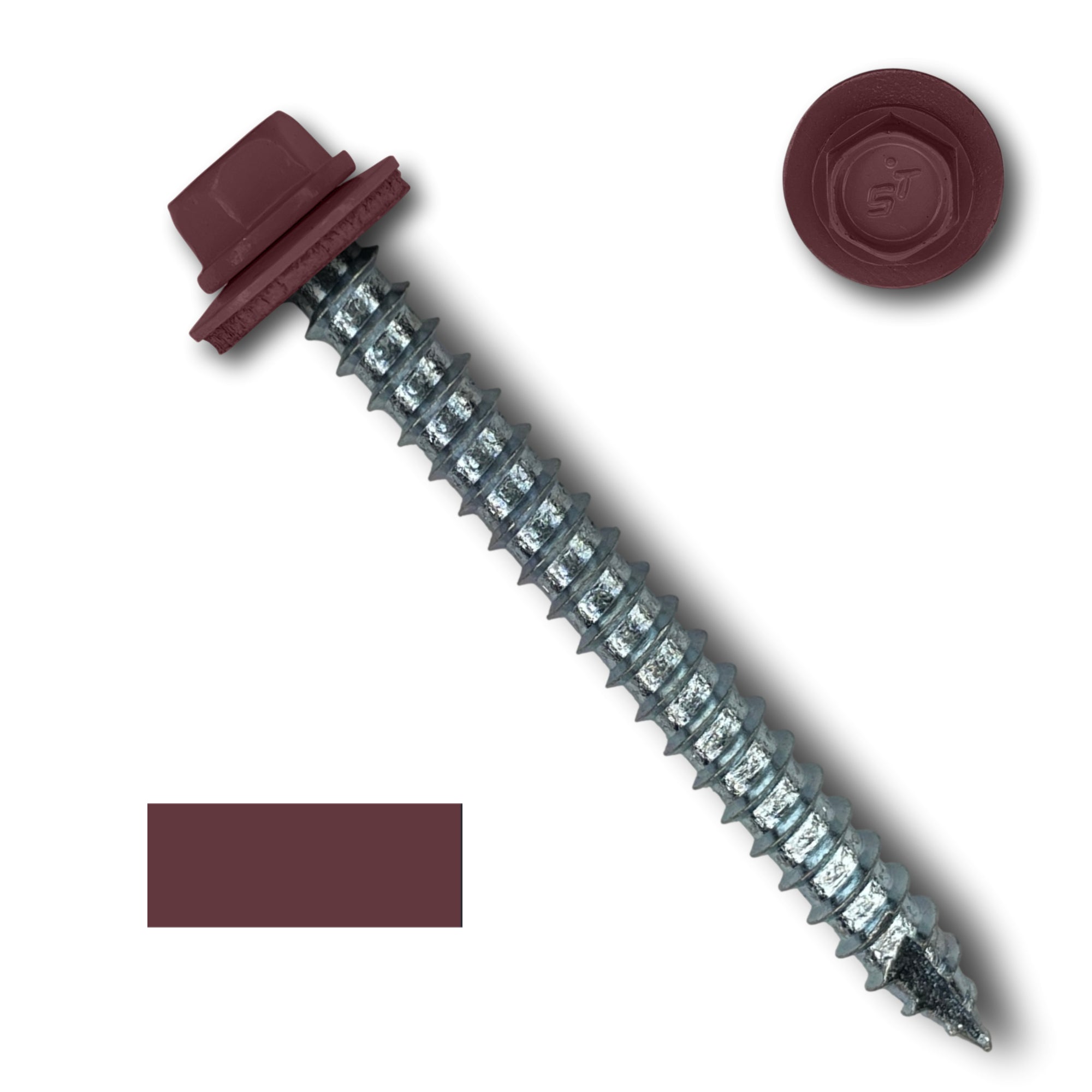 A number 14 Diameter Metal Roofing Screw that is 2.5 inches long with a 5/16 inch Hex Head and an EPDM Rubber Washer. The screw features a Type 17 sharp tip for drilling into wood decking. There is a color swatch of the screw head in the bottom left corner and a close-up of the screw head in the top right corner. The screw head is Burgundy  in color. 