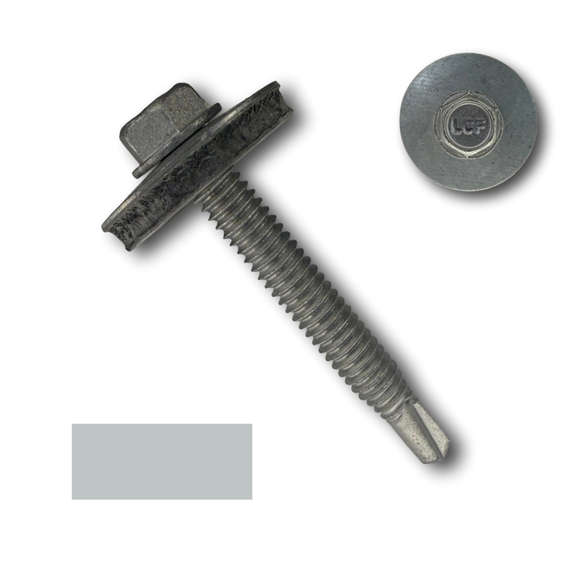 A number 14 diameter metal roofing screw that is 2 inches long. The screw is used in high wind applications, and features an extra wide washer and a self-drilling tip. There is a color swatch square in the bottom left corner that shows this screw is Zinc/Unpainted. 