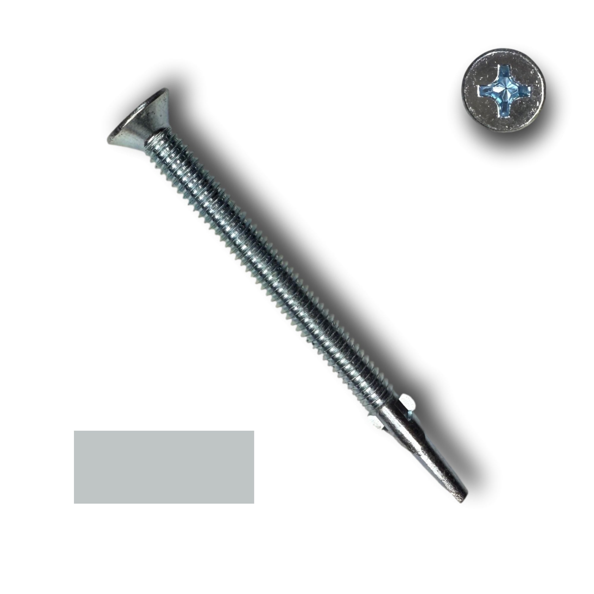 A #14 diameter metal roofing screw with wings that pierce into wood fibers. The screw is 3.25 inches long. 