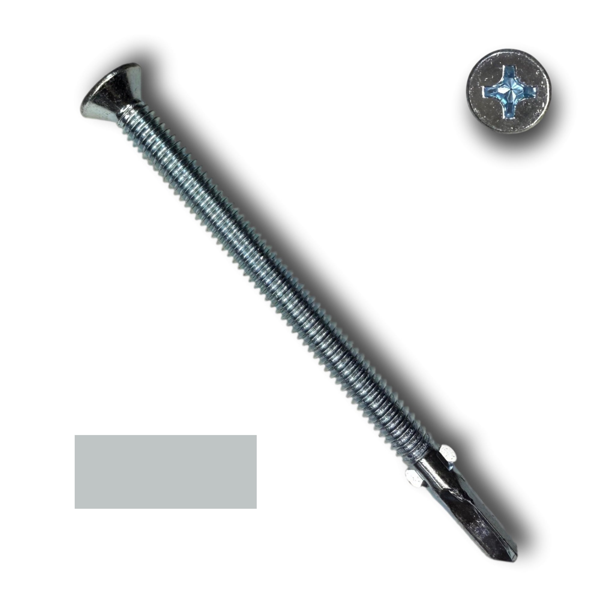 A #14 diameter metal roofing screw with wings that pierce into wood fibers. The screw is 3.75 inches long. 