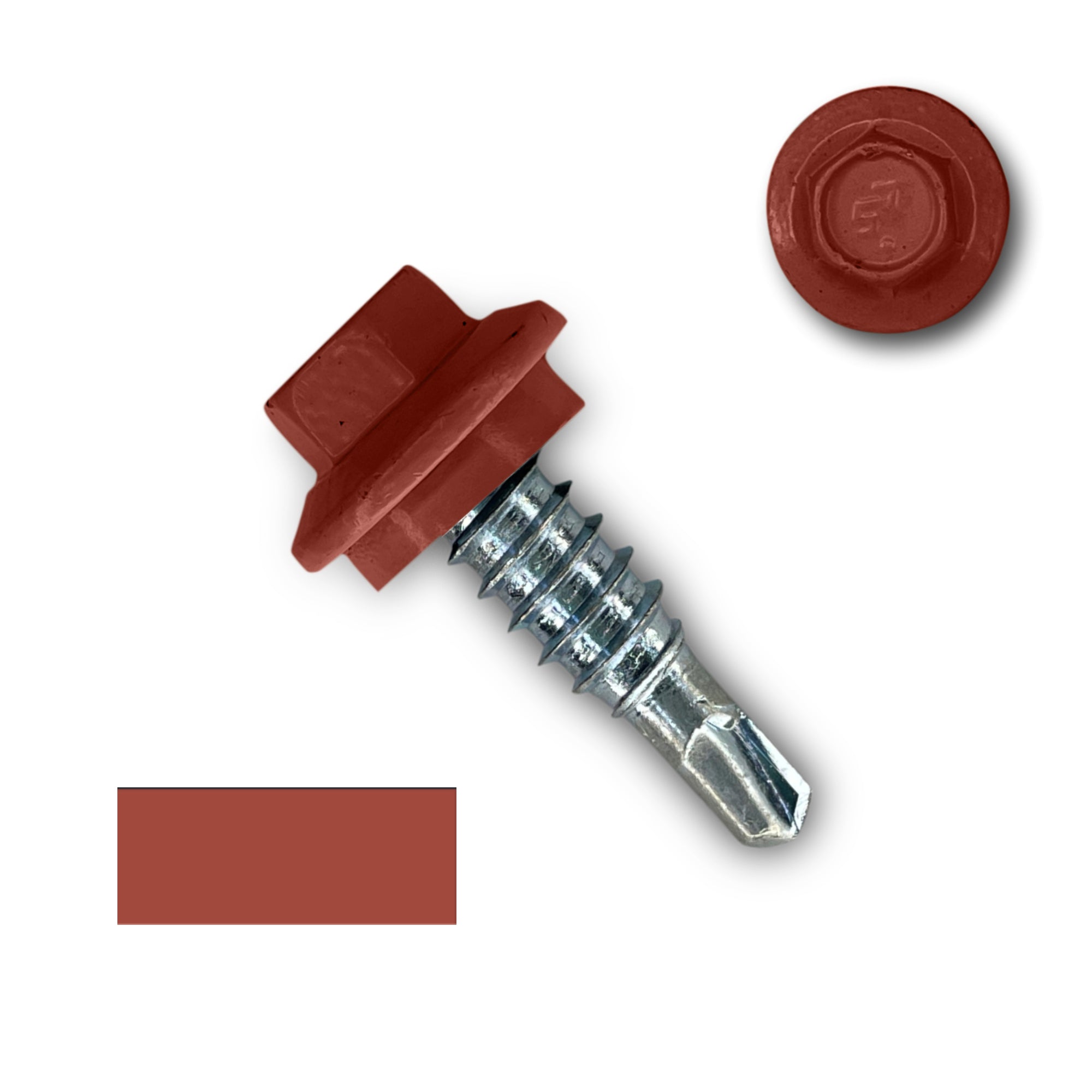 A number 14 Diameter Metal Roofing Screw that is 7/8 inches long with a 5/16 inch Hex Head and an EPDM Rubber Washer. The screw features a self-drilling tip for overlapping roof panels. There is a color swatch of the screw head in the bottom left corner and a close-up of the screw head in the top right corner. The screw head is Barn Red in color. 