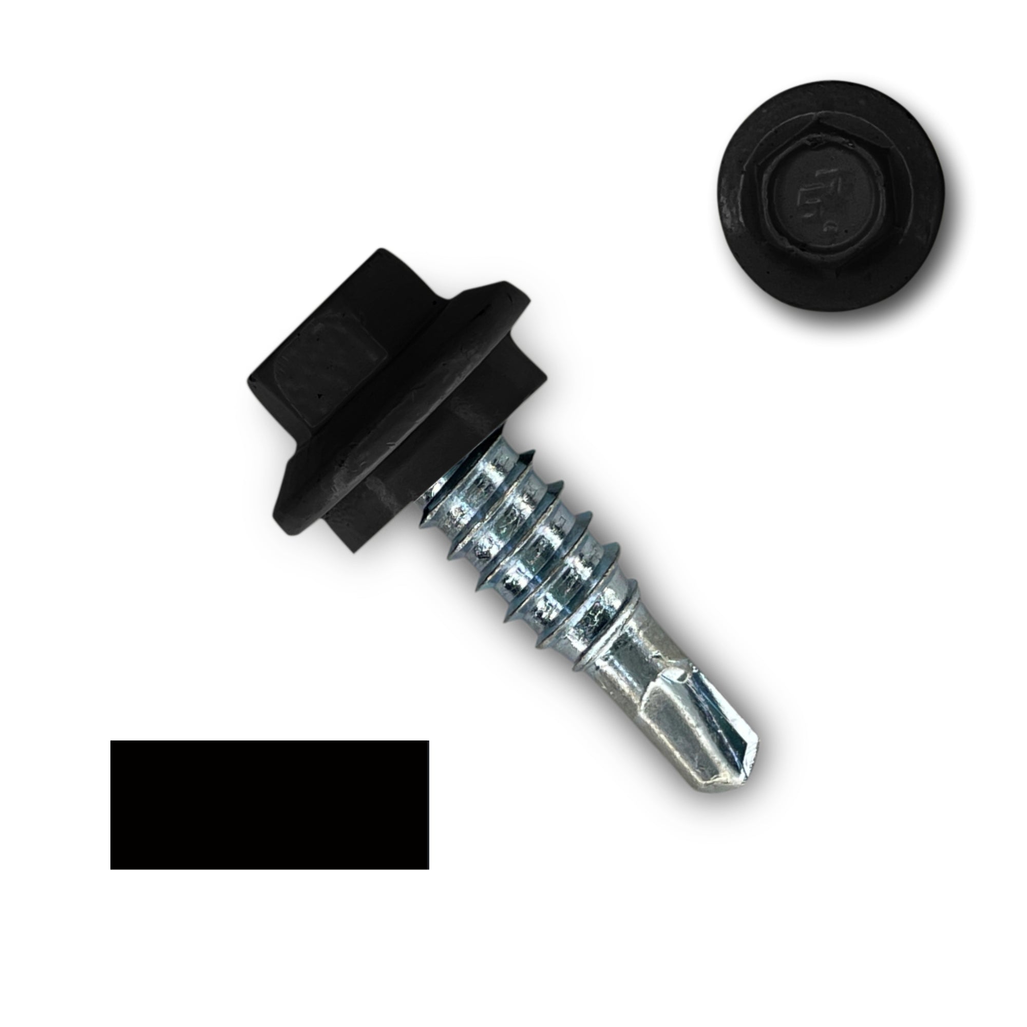 A number 14 Diameter Metal Roofing Screw that is 7/8 inches long with a 5/16 inch Hex Head and an EPDM Rubber Washer. The screw features a self-drilling tip for overlapping roof panels. There is a color swatch of the screw head in the bottom left corner and a close-up of the screw head in the top right corner. The screw head is Black in color. 
