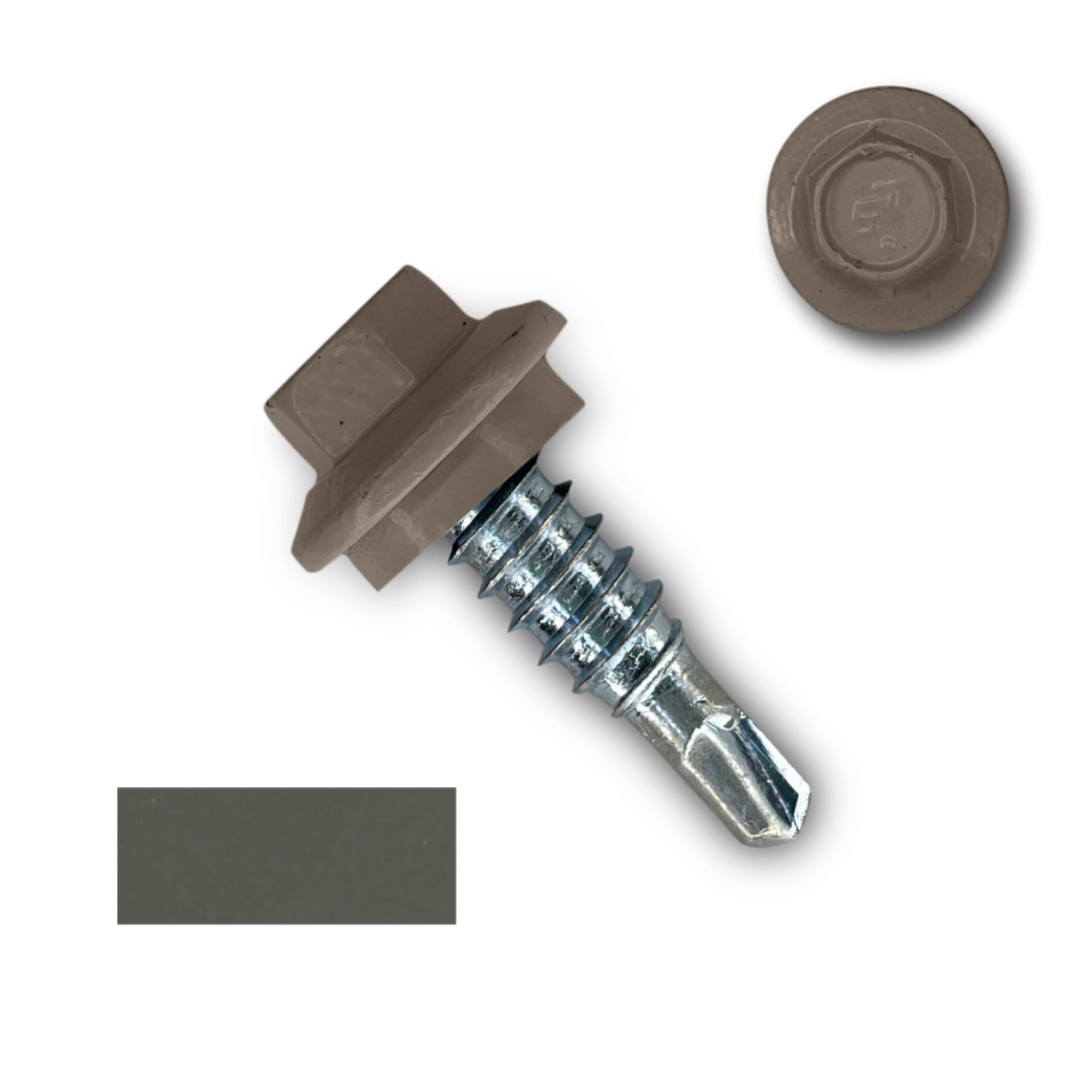 A number 14 Diameter Metal Roofing Screw that is 7/8 inches long with a 5/16 inch Hex Head and an EPDM Rubber Washer. The screw features a self-drilling tip for overlapping roof panels. There is a color swatch of the screw head in the bottom left corner and a close-up of the screw head in the top right corner. The screw head is Burnished Slate in color. 