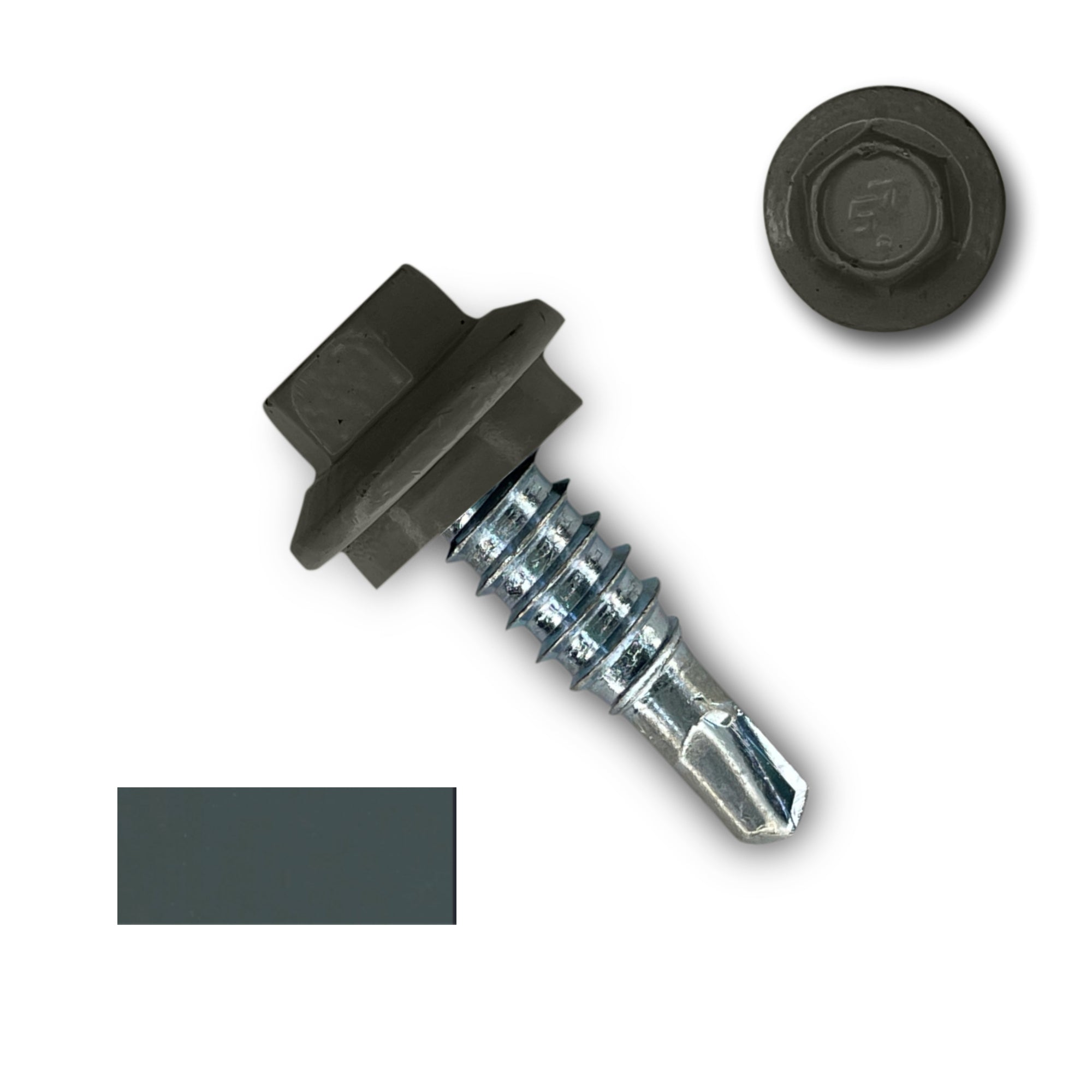 A number 14 Diameter Metal Roofing Screw that is 7/8 inches long with a 5/16 inch Hex Head and an EPDM Rubber Washer. The screw features a self-drilling tip for overlapping roof panels. There is a color swatch of the screw head in the bottom left corner and a close-up of the screw head in the top right corner. The screw head is Charcoal Gray in color. 