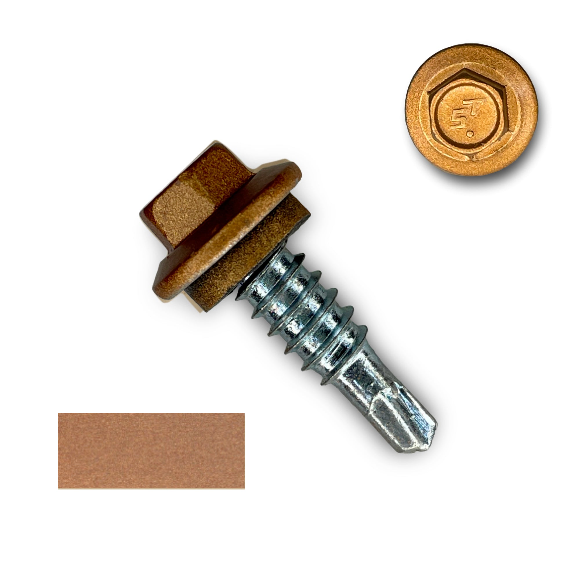 A number 14 Diameter Metal Roofing Screw that is 7/8 inches long with a 5/16 inch Hex Head and an EPDM Rubber Washer. The screw features a self-drilling tip for overlapping roof panels. There is a color swatch of the screw head in the bottom left corner and a close-up of the screw head in the top right corner. The screw head is Copper Metallic in color. 