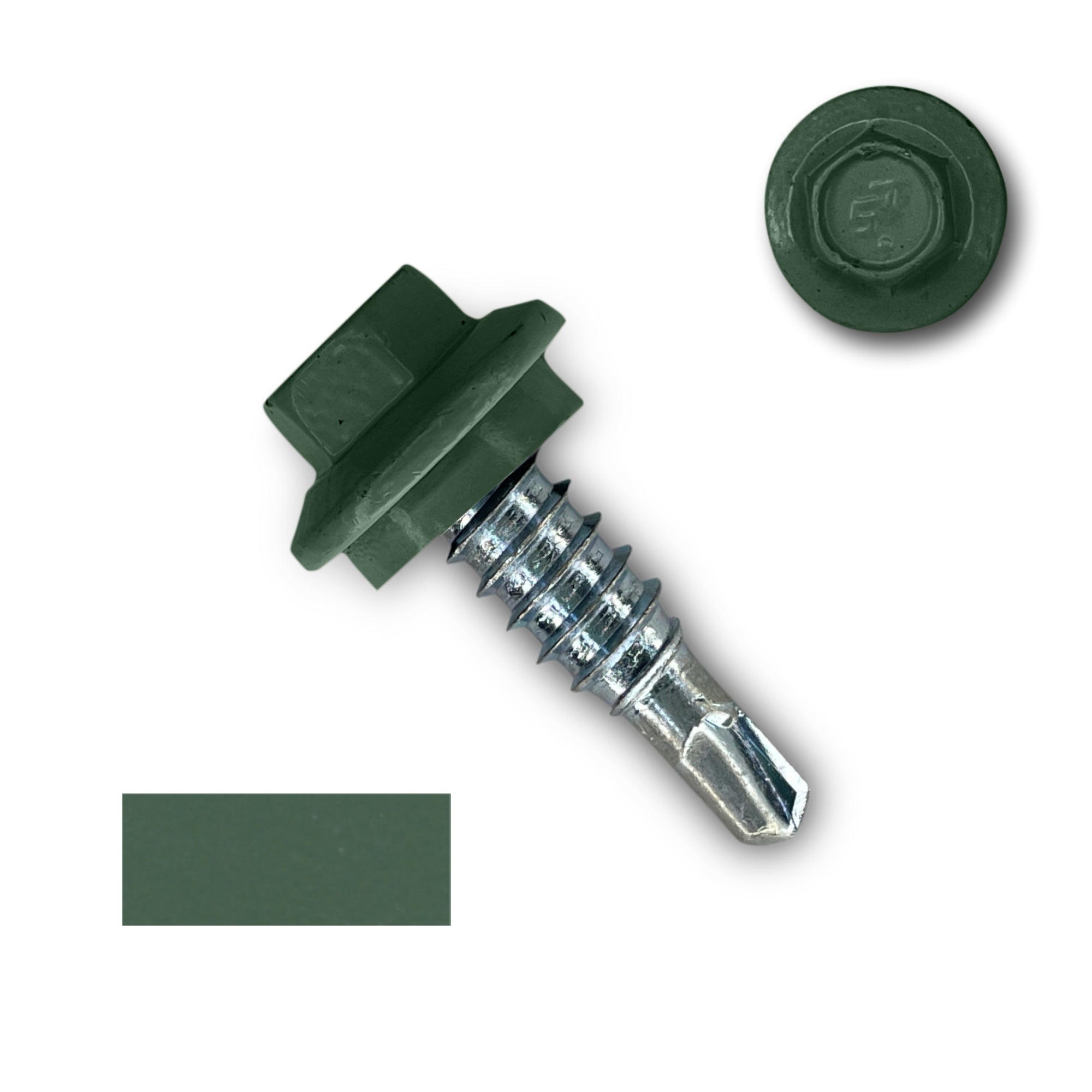 A number 14 Diameter Metal Roofing Screw that is 7/8 inches long with a 5/16 inch Hex Head and an EPDM Rubber Washer. The screw features a self-drilling tip for overlapping roof panels. There is a color swatch of the screw head in the bottom left corner and a close-up of the screw head in the top right corner. The screw head is Evergreen in color. 