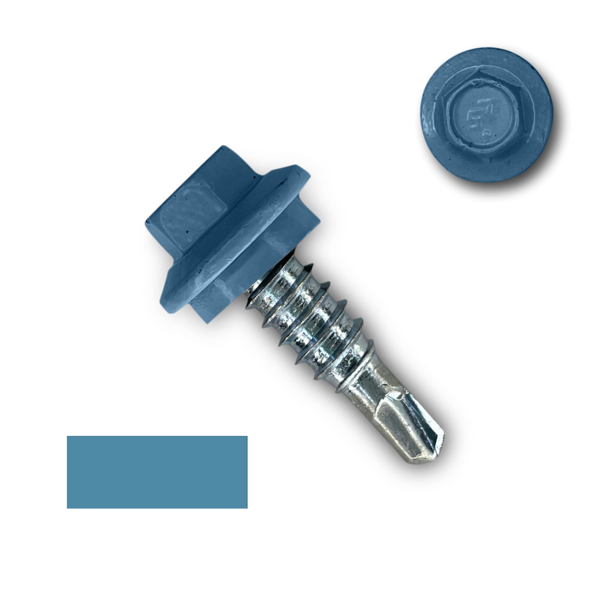 A number 14 Diameter Metal Roofing Screw that is 7/8 inches long with a 5/16 inch Hex Head and an EPDM Rubber Washer. The screw features a self-drilling tip for overlapping roof panels. There is a color swatch of the screw head in the bottom left corner and a close-up of the screw head in the top right corner. The screw head is Hawaiian Blue in color. 