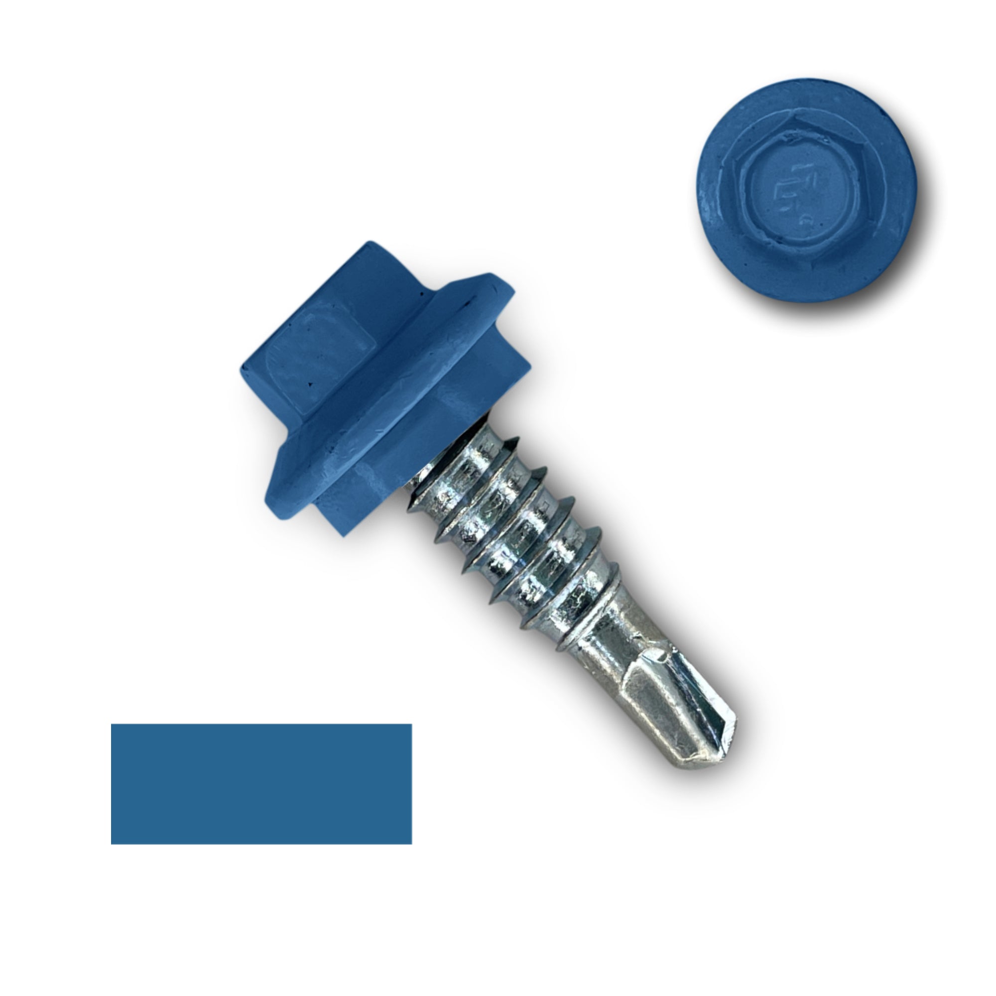 A number 14 Diameter Metal Roofing Screw that is 7/8 inches long with a 5/16 inch Hex Head and an EPDM Rubber Washer. The screw features a self-drilling tip for overlapping roof panels. There is a color swatch of the screw head in the bottom left corner and a close-up of the screw head in the top right corner. The screw head is Regal Blue in color. 