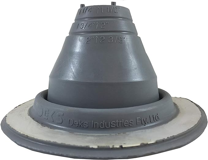 A number 1 size Gray Round Pipe Flashing Boot. The boot is made of Silicone, and the measurements are featured on the side of the boot for reference when cutting.