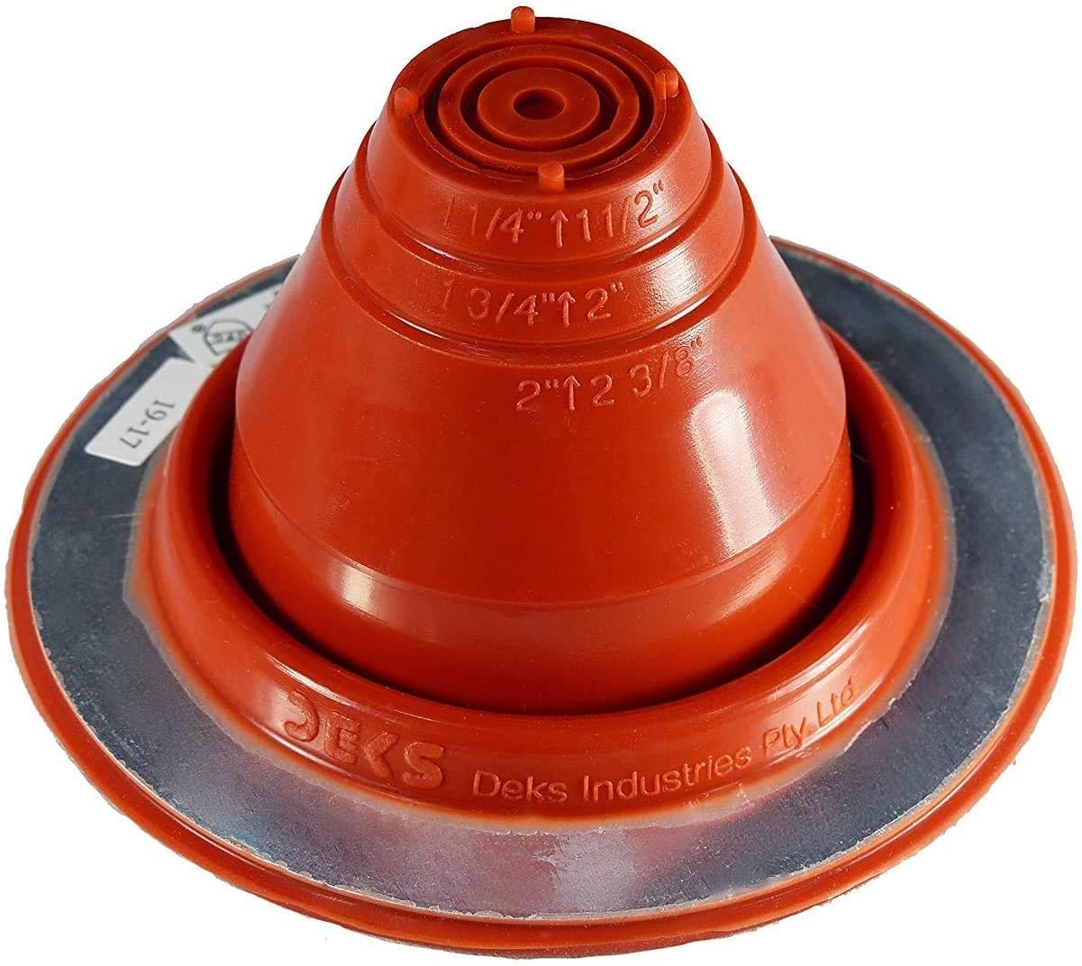 A number 1 size Red Round Metal Roofing Pipe Boot. The boot is made of EPDM and is meant for high temperature applications. The boot also features sizes on the side for reference when cutting. 
