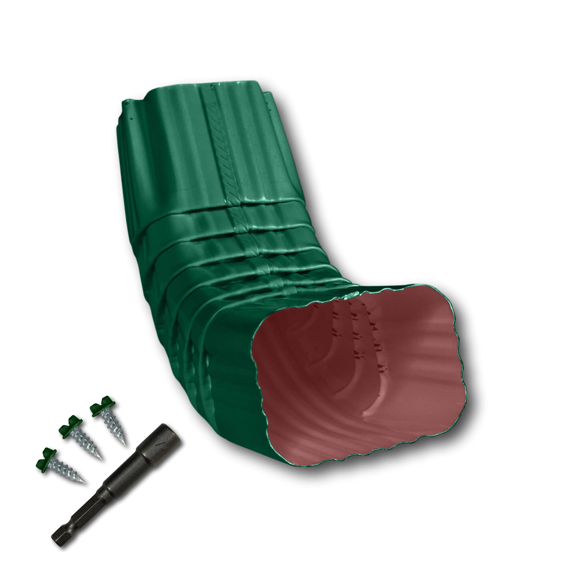 A Painted Aluminum Gutter Downspout Elbow that is Green in color. Matching screws and hex bit driver are included.