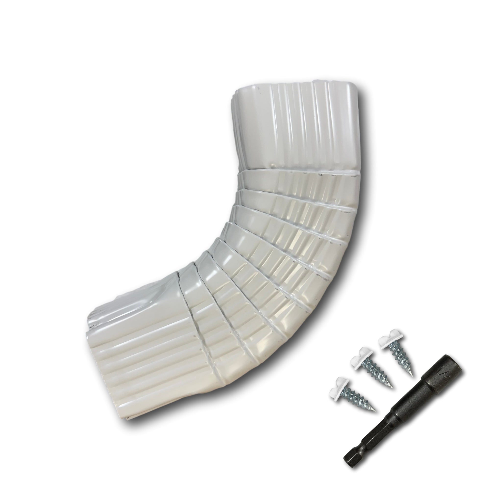 A Painted Aluminum Gutter Downspout Elbow that is White in color. Matching screws and hex bit driver are included.