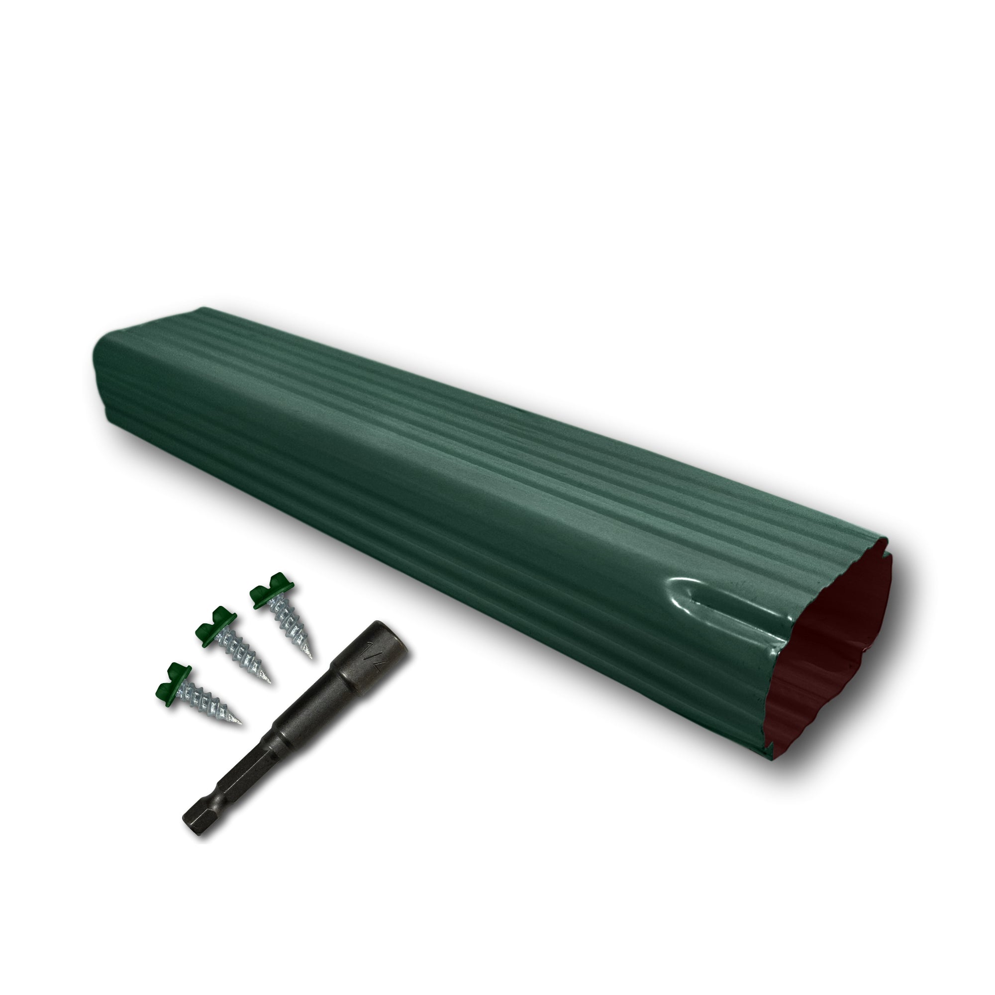 A Painted Aluminum Gutter Downspout Extension that is Green in color. Matching screws and hex bit driver are included.